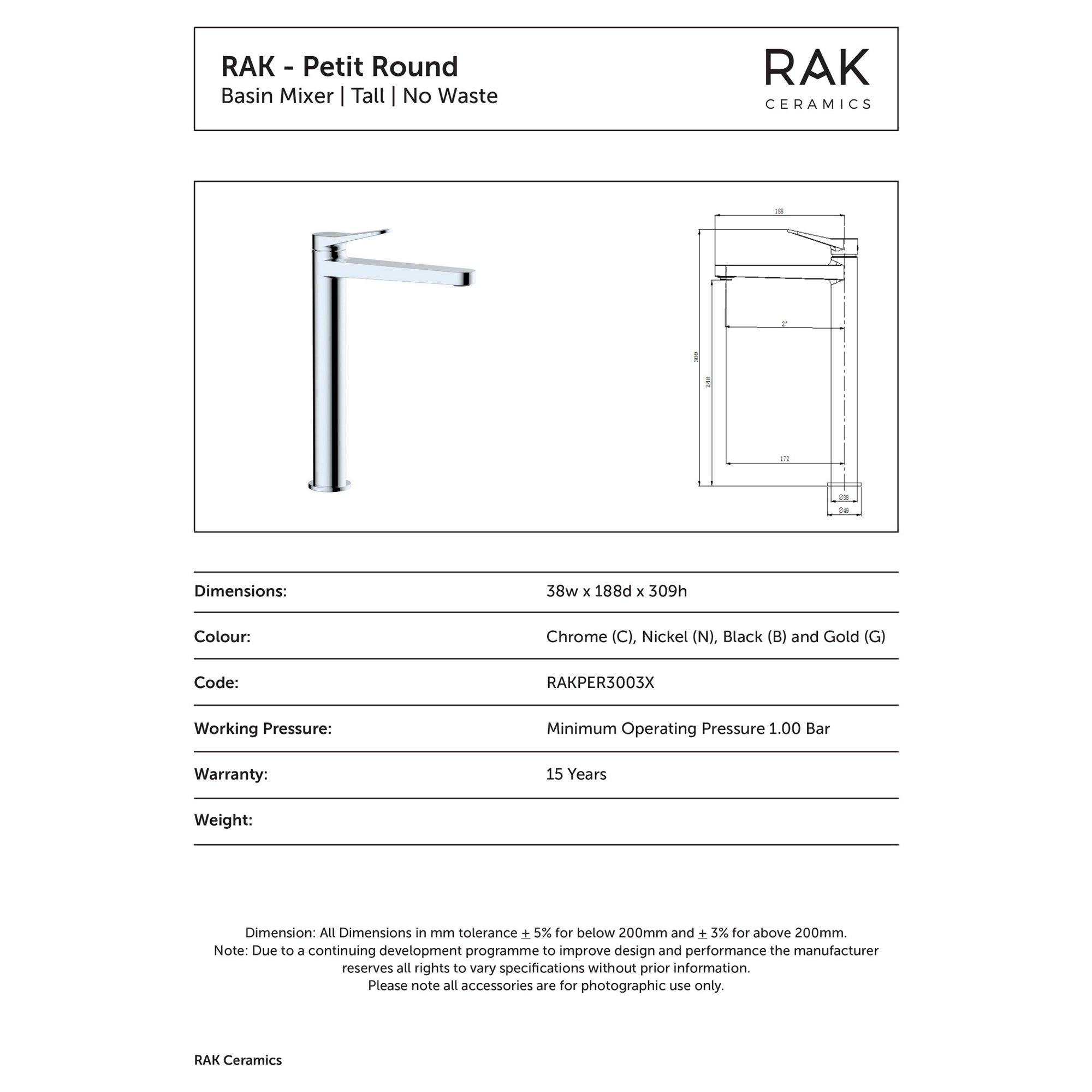 RAK Petit Tall Matt Black Basin Mono Mixer Tap - Solid Brass with 15-Year Guarantee