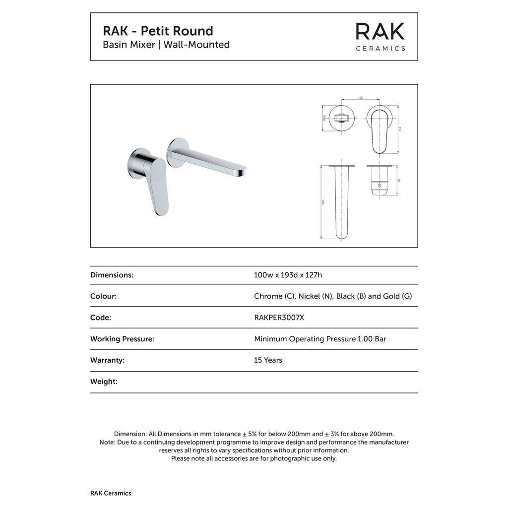 RAK Petit Wall Mounted Basin Mixer Tap - Brushed Gold with Single Lever Control