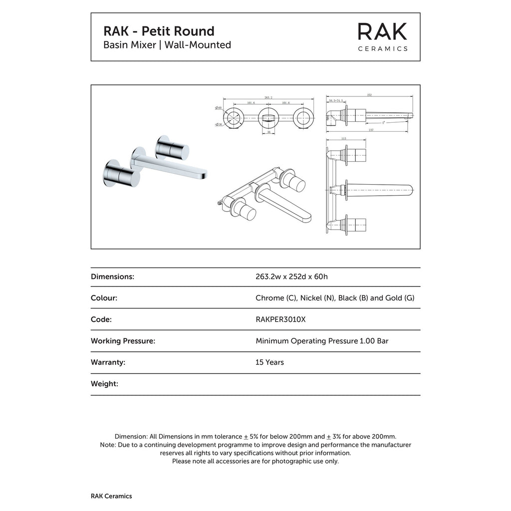 RAK Petit Matt Black 3-Hole Wall-Mounted Basin Mixer Tap with Dual Lever Handles