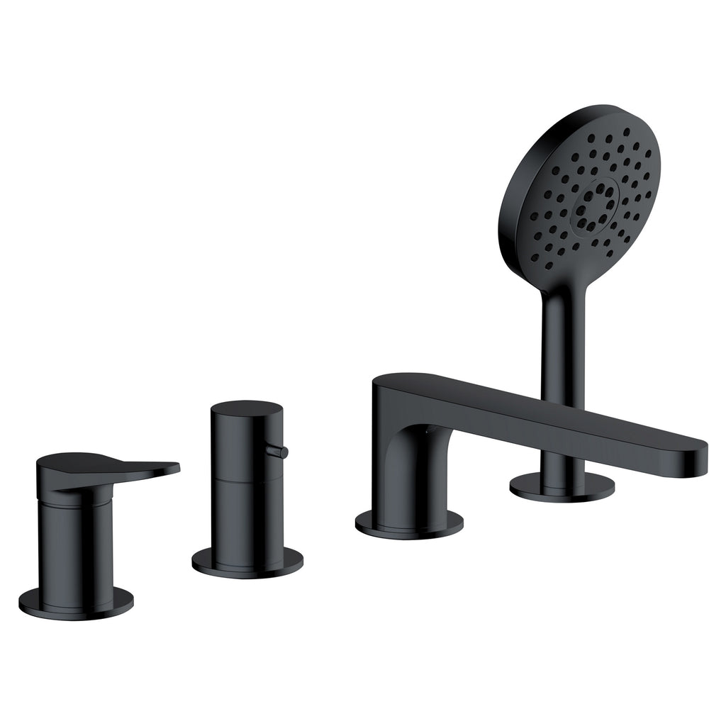 RAK Petit 4-Hole Matt Black Deck-Mounted Bath Shower Mixer Tap with Handset - Solid Brass