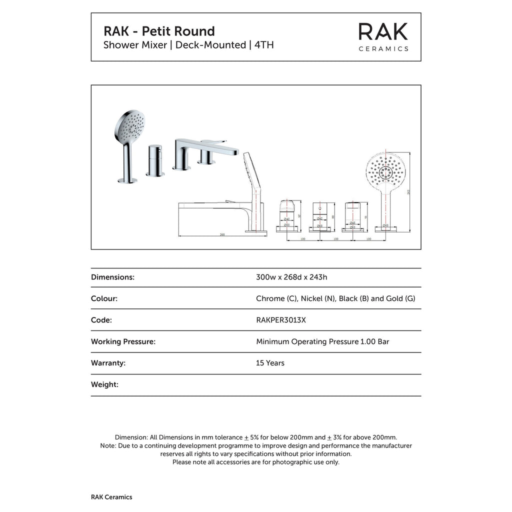 RAK Petit 4-Hole Deck-Mounted Bath Shower Mixer Tap in Brushed Gold with Handset - Solid Brass Modern Design