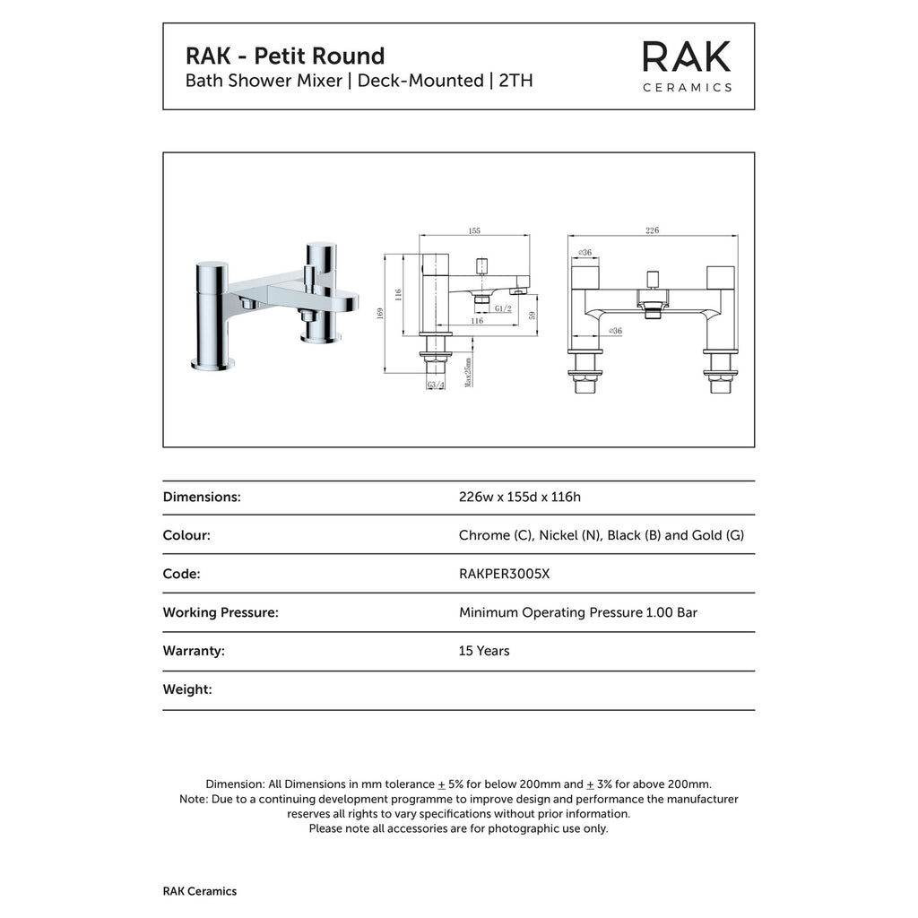 RAK Petit Polished Chrome Round Bath Mixer Tap, Solid Brass, 15-Year Guarantee