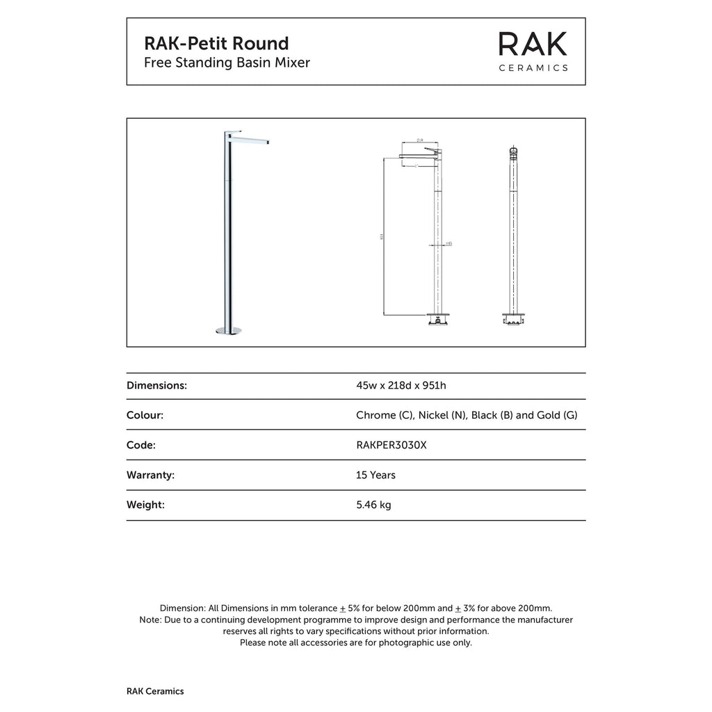 RAK Petit Brushed Gold Floor Standing Mono Basin Mixer Tap - Modern Luxury