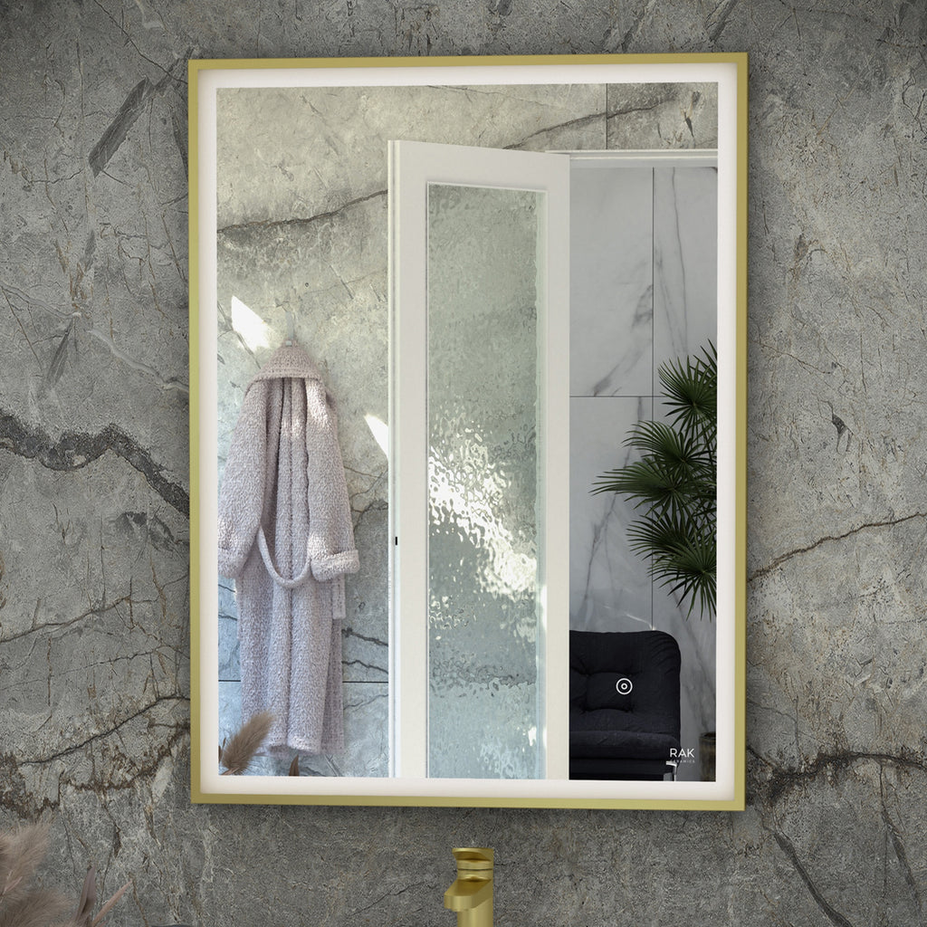 RAK Art Square 600x800mm Brushed Gold LED Illuminated Bathroom Mirror with Touch Sensor, IP44 Rated
