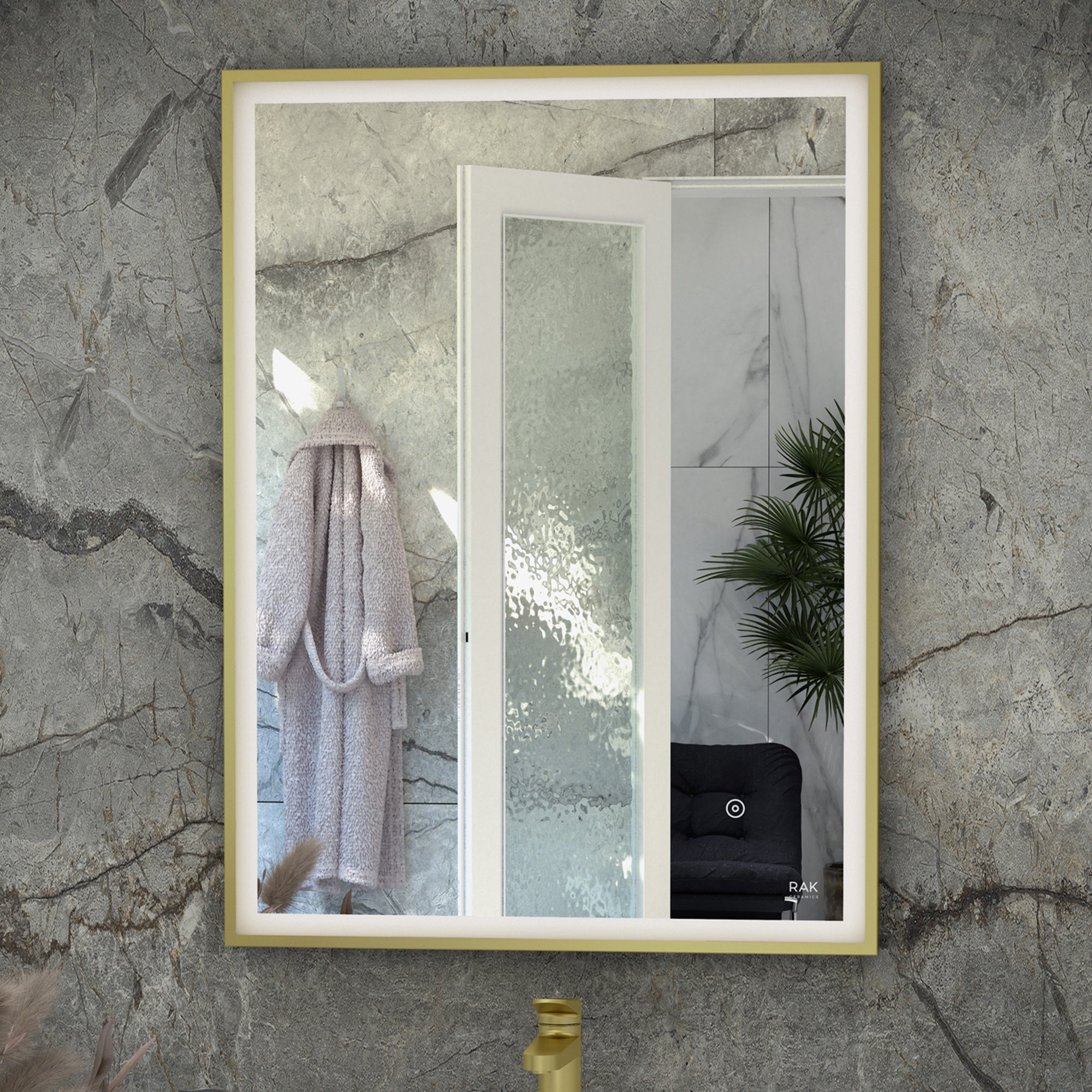 RAK Art Square 600x800mm Brushed Gold LED Illuminated Bathroom Mirror with Touch Sensor, IP44 Rated