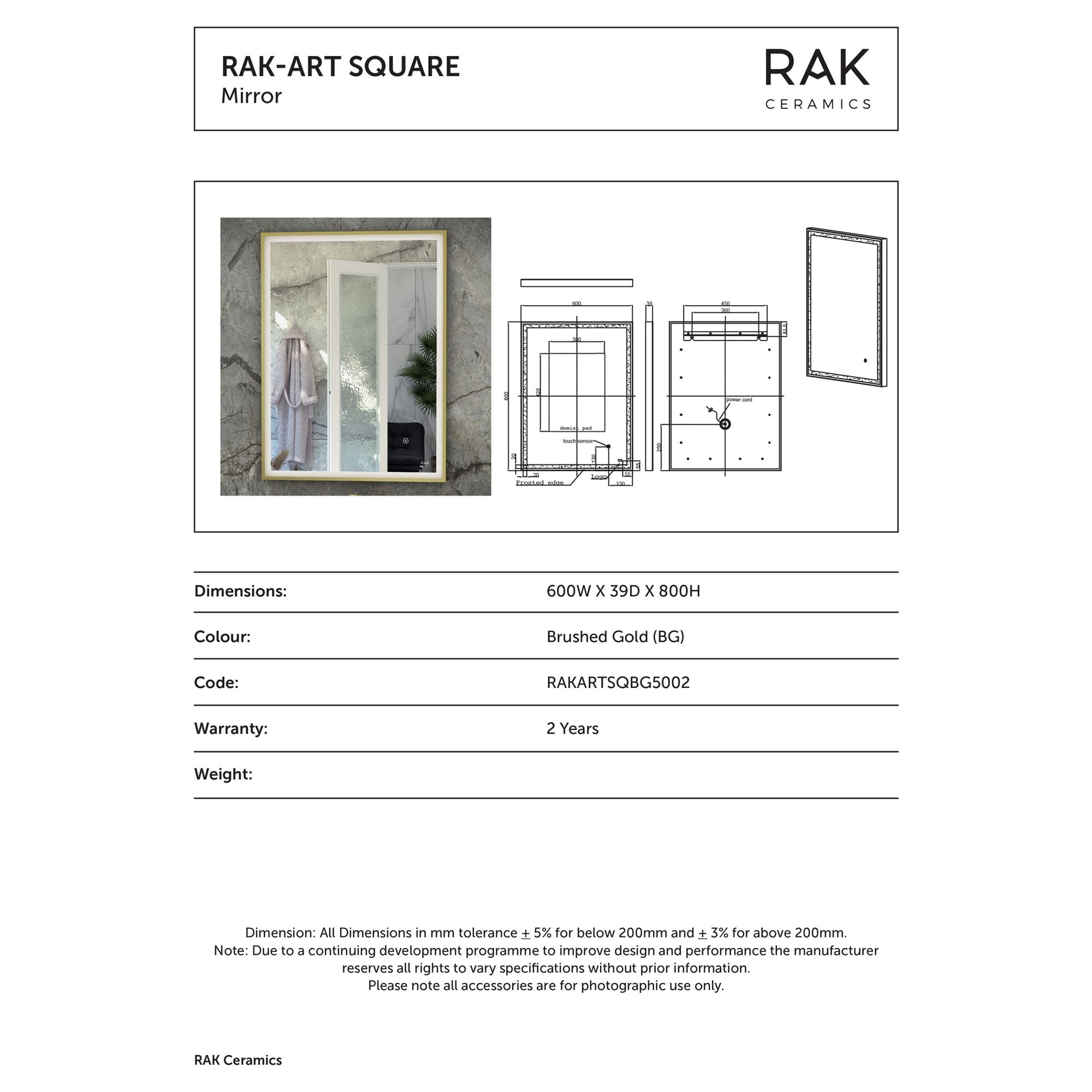 RAK Art Square 600x800mm Brushed Gold LED Illuminated Bathroom Mirror with Touch Sensor, IP44 Rated