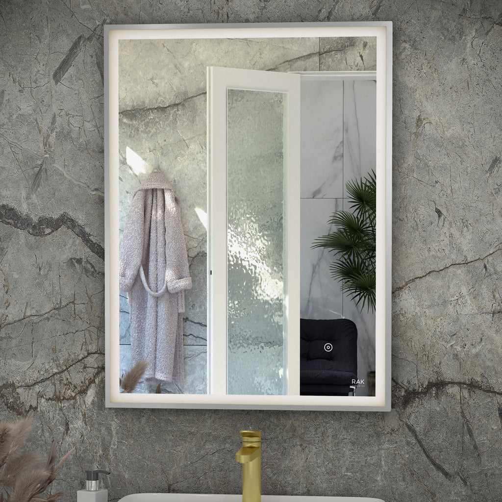 RAK Art Square 500x700mm Illuminated LED Bathroom Mirror with Touch Sensor & Demister Pad - Chrome Finish, IP44 Rated