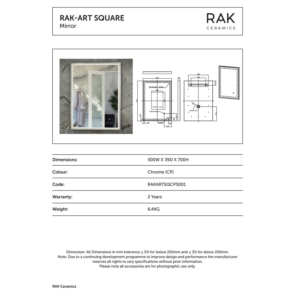 RAK Art Square 500x700mm Illuminated LED Bathroom Mirror with Touch Sensor & Demister Pad - Chrome Finish, IP44 Rated