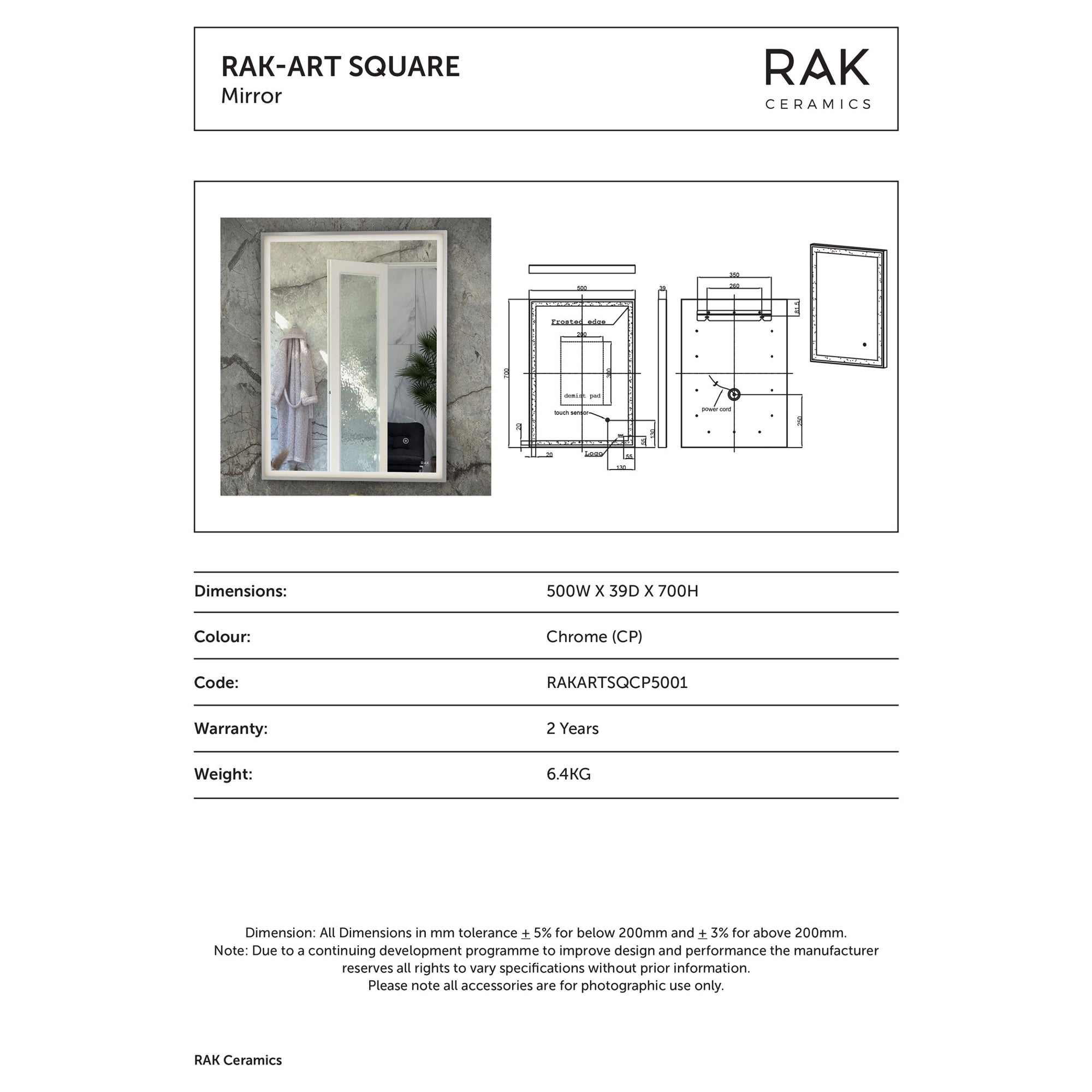 RAK Art Square 500x700mm Illuminated LED Bathroom Mirror with Touch Sensor & Demister Pad - Chrome Finish, IP44 Rated