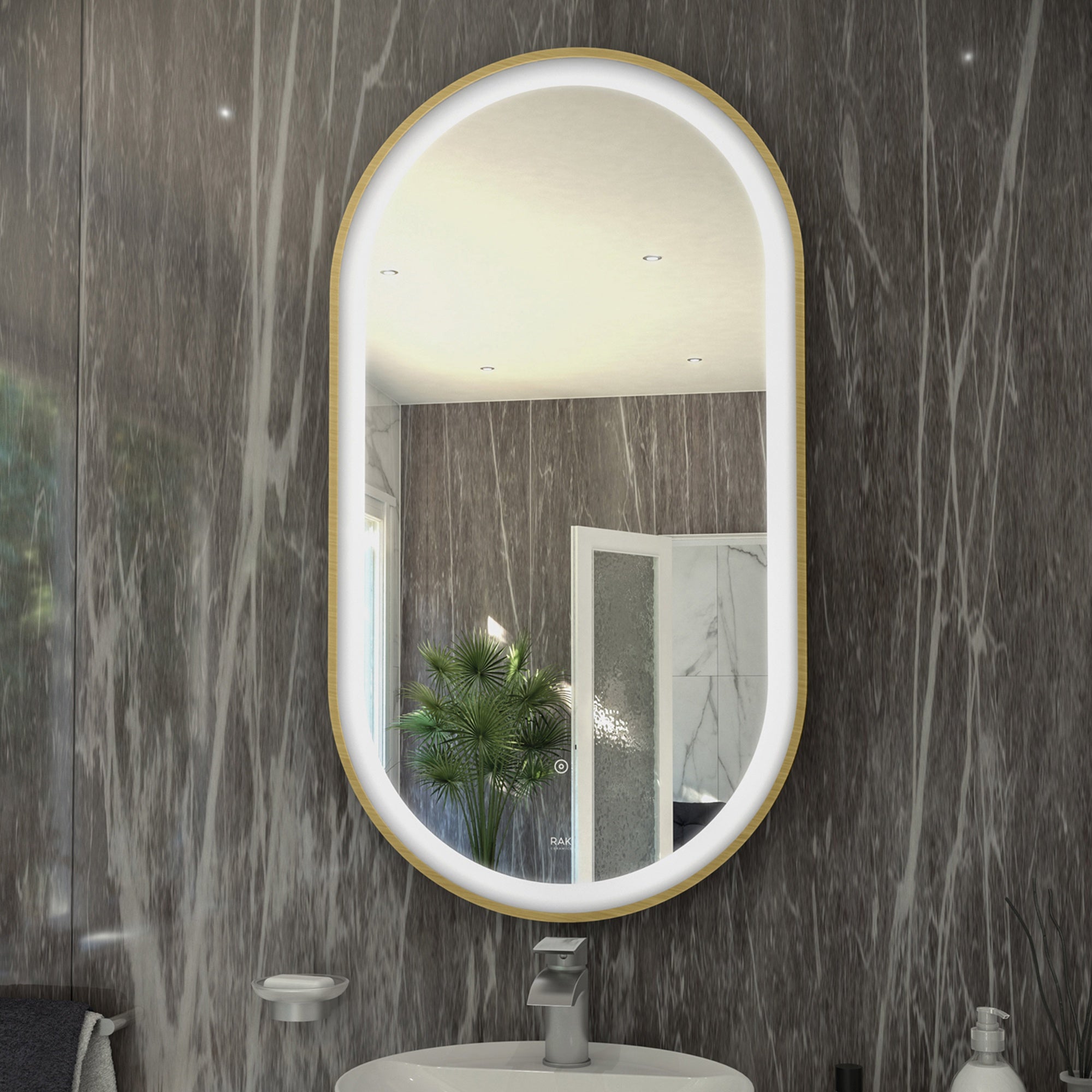 RAK Art Oval 450x1000mm LED Illuminated Bathroom Mirror with Touch Sensor & Demister Pad, Brushed Gold