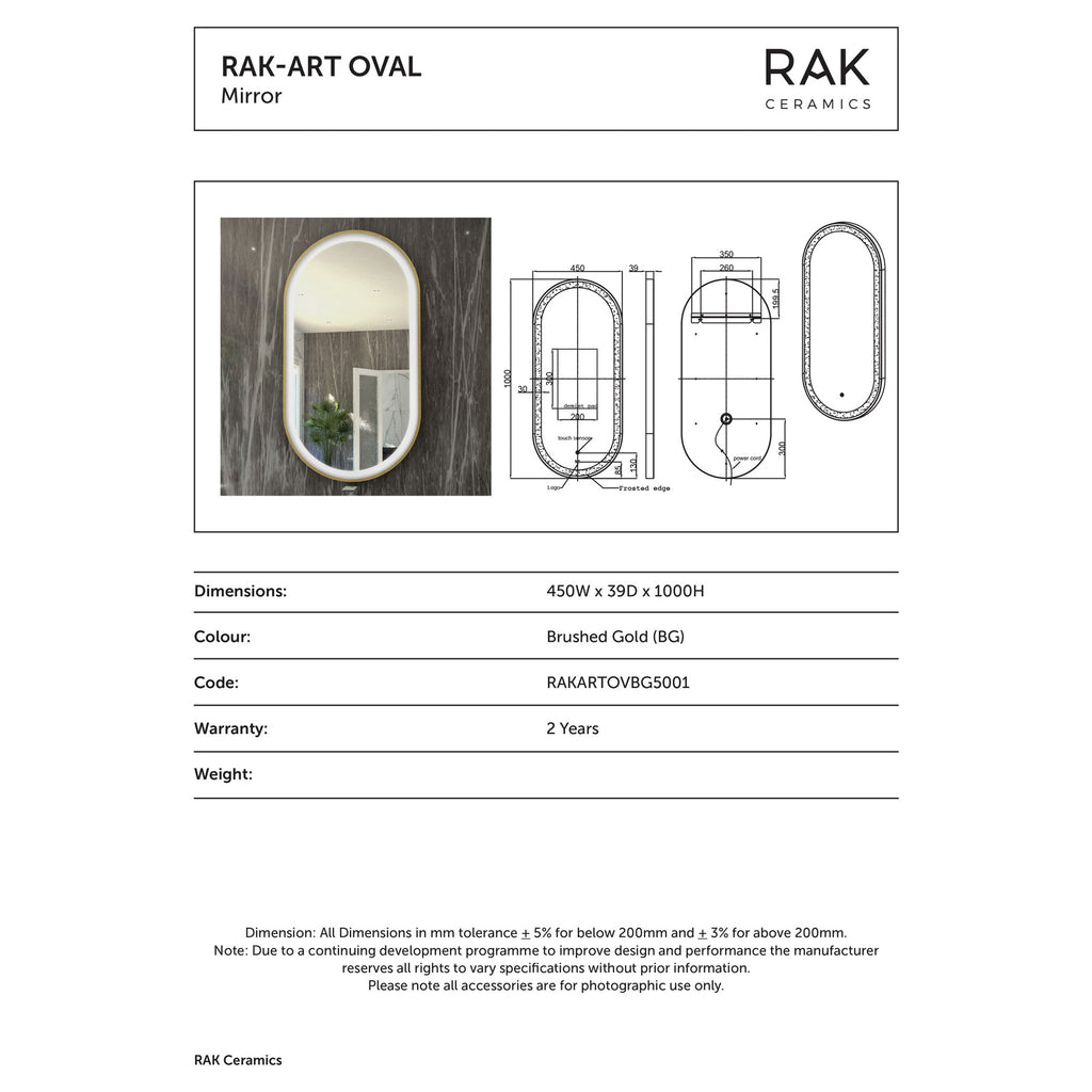 RAK Art Oval 450x1000mm LED Illuminated Bathroom Mirror with Touch Sensor & Demister Pad, Brushed Gold