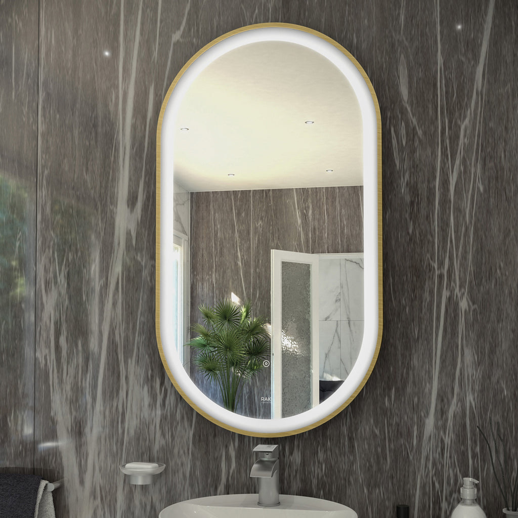 RAK Art Oval 550x1000mm Brushed Gold LED Bathroom Mirror with Touch Sensor & Demister