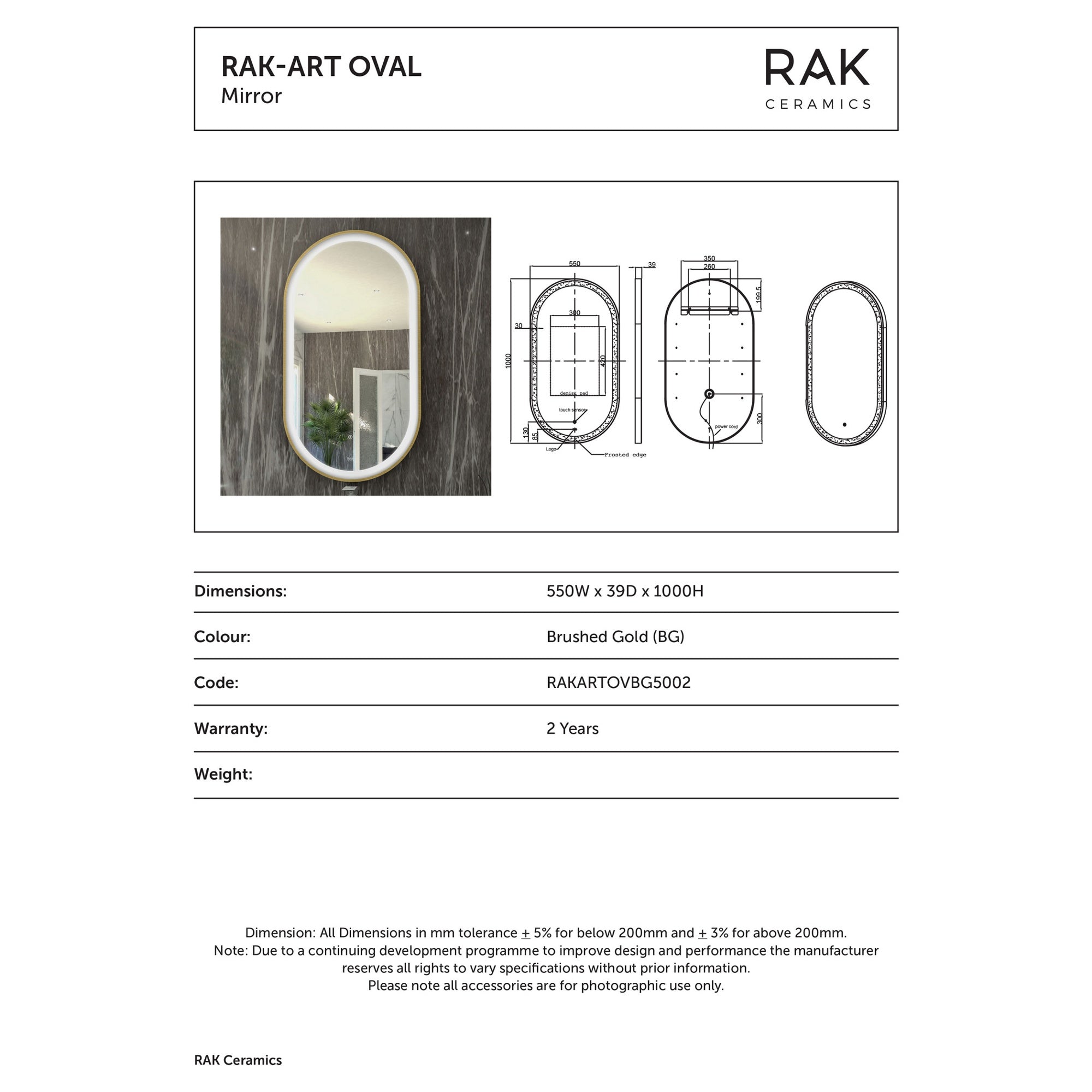 RAK Art Oval 550x1000mm Brushed Gold LED Bathroom Mirror with Touch Sensor & Demister