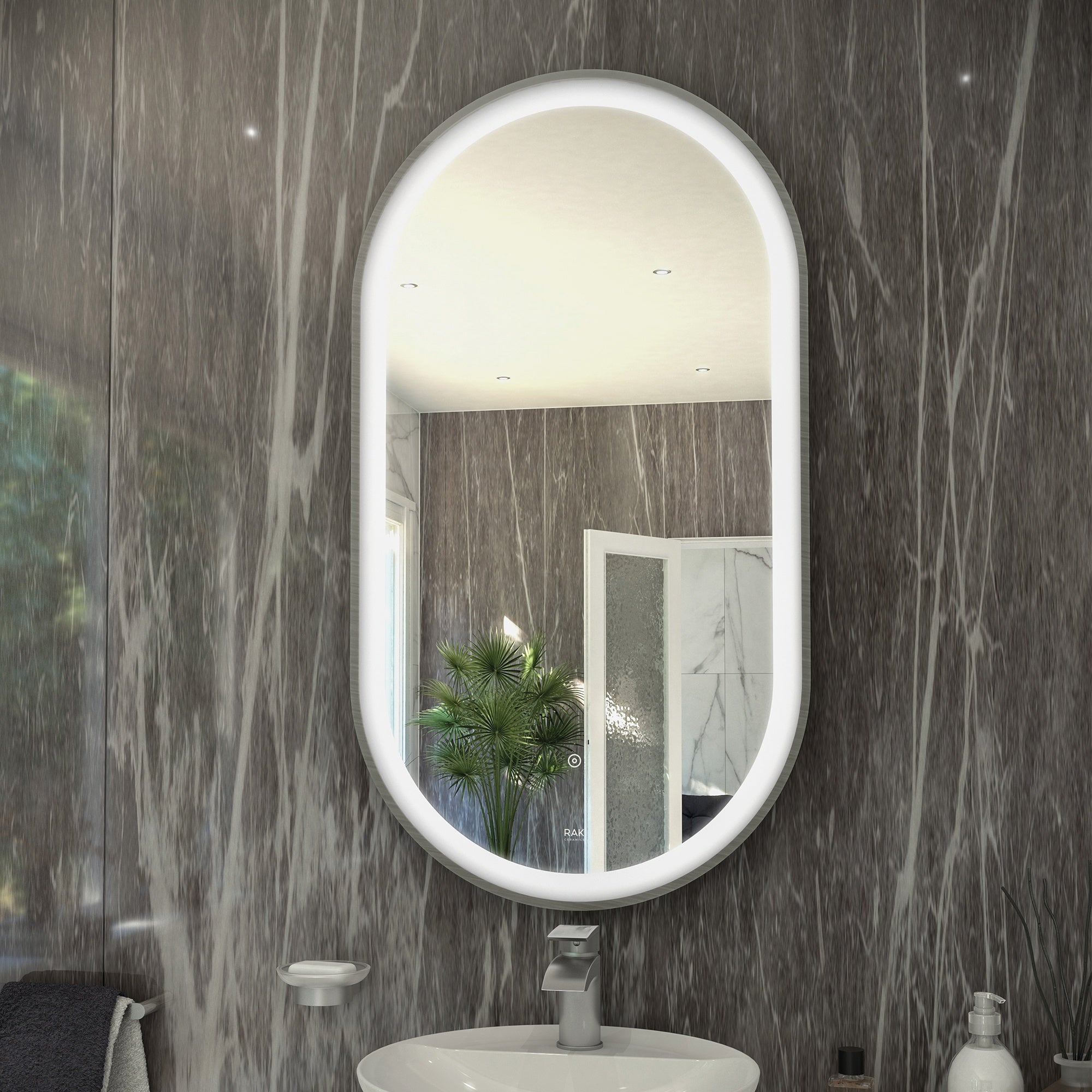 RAK Art Oval Illuminated LED Bathroom Mirror with Touch Sensor & Demister Pad - 450 x 1000mm, Brushed Nickel