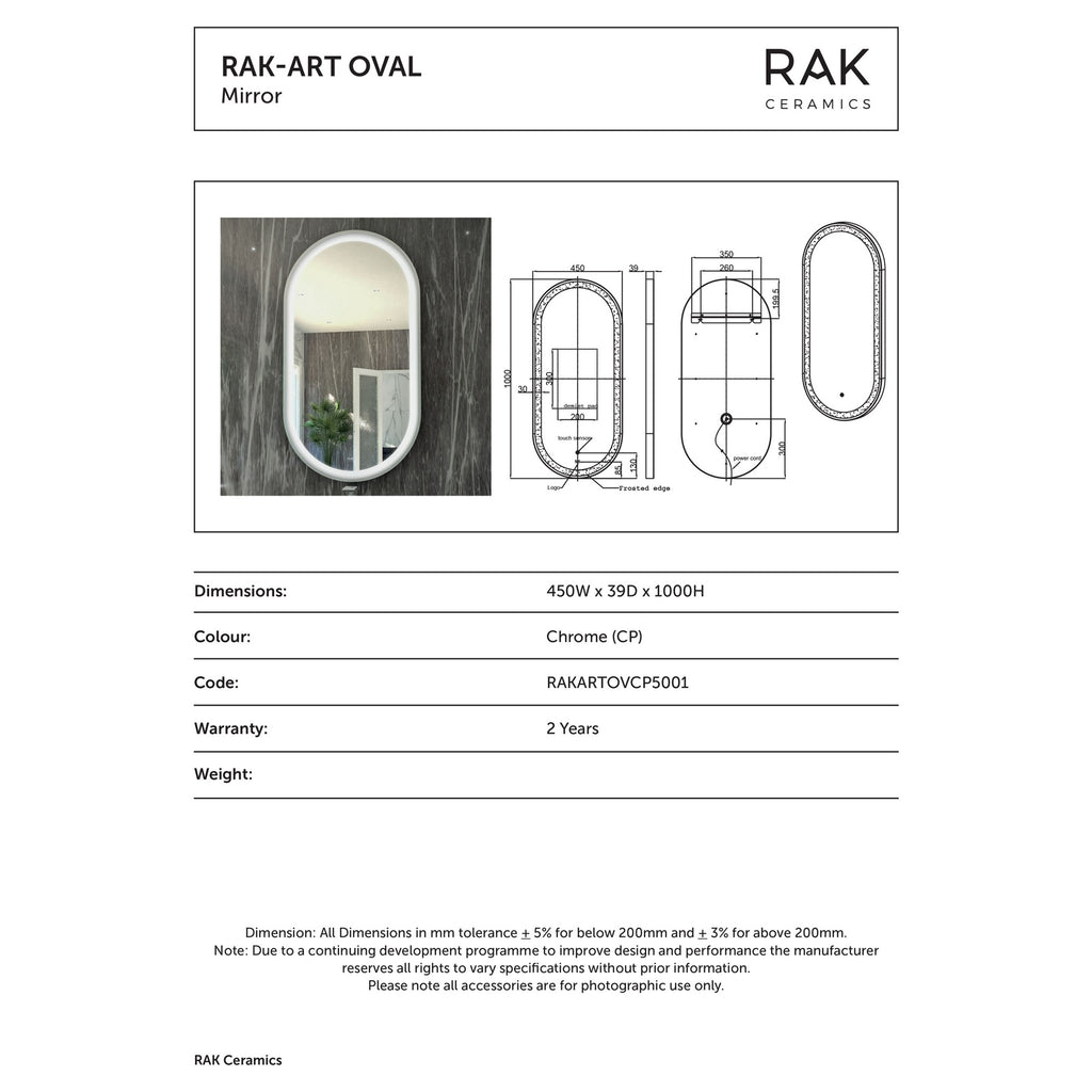 RAK Art Oval Chrome LED Illuminated Bathroom Mirror with Touch Sensor & Demister Pad, 1000 x 450mm