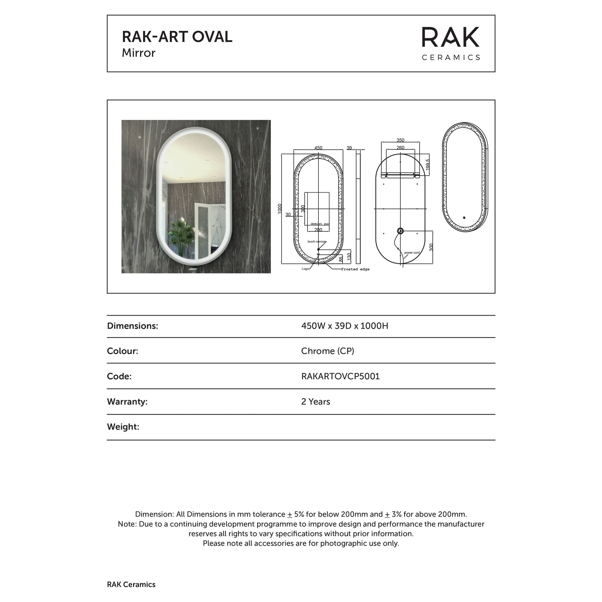 RAK Art Oval Chrome LED Illuminated Bathroom Mirror with Touch Sensor & Demister Pad, 1000 x 450mm