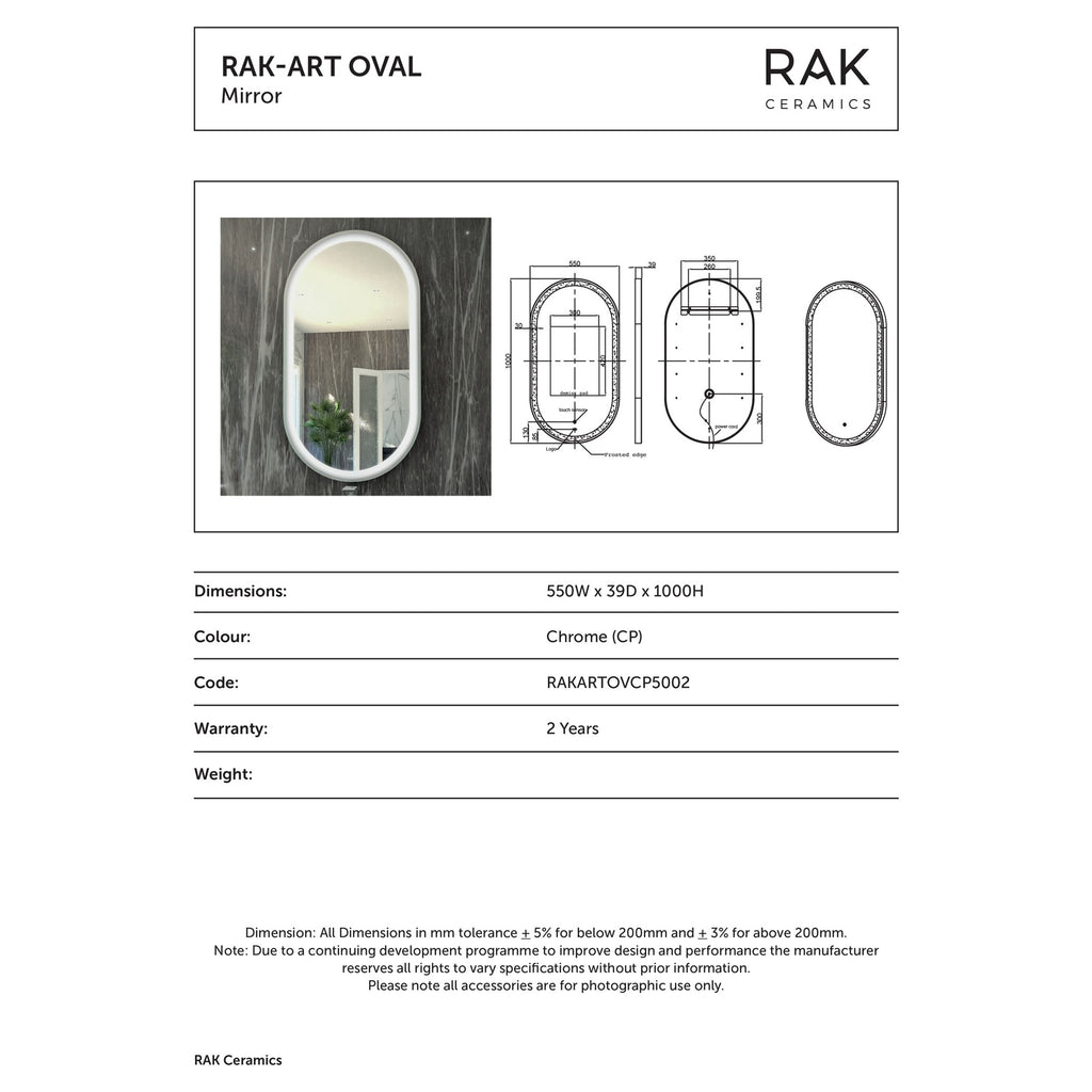 RAK Art Oval LED Illuminated Bathroom Mirror with Touch Sensor, Chrome Frame, 550 x 1000mm - IP44 Rated