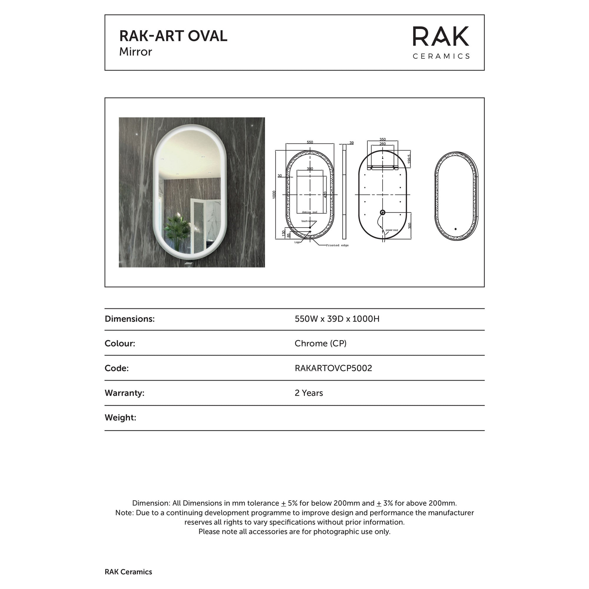 RAK Art Oval LED Illuminated Bathroom Mirror with Touch Sensor, Chrome Frame, 550 x 1000mm - IP44 Rated