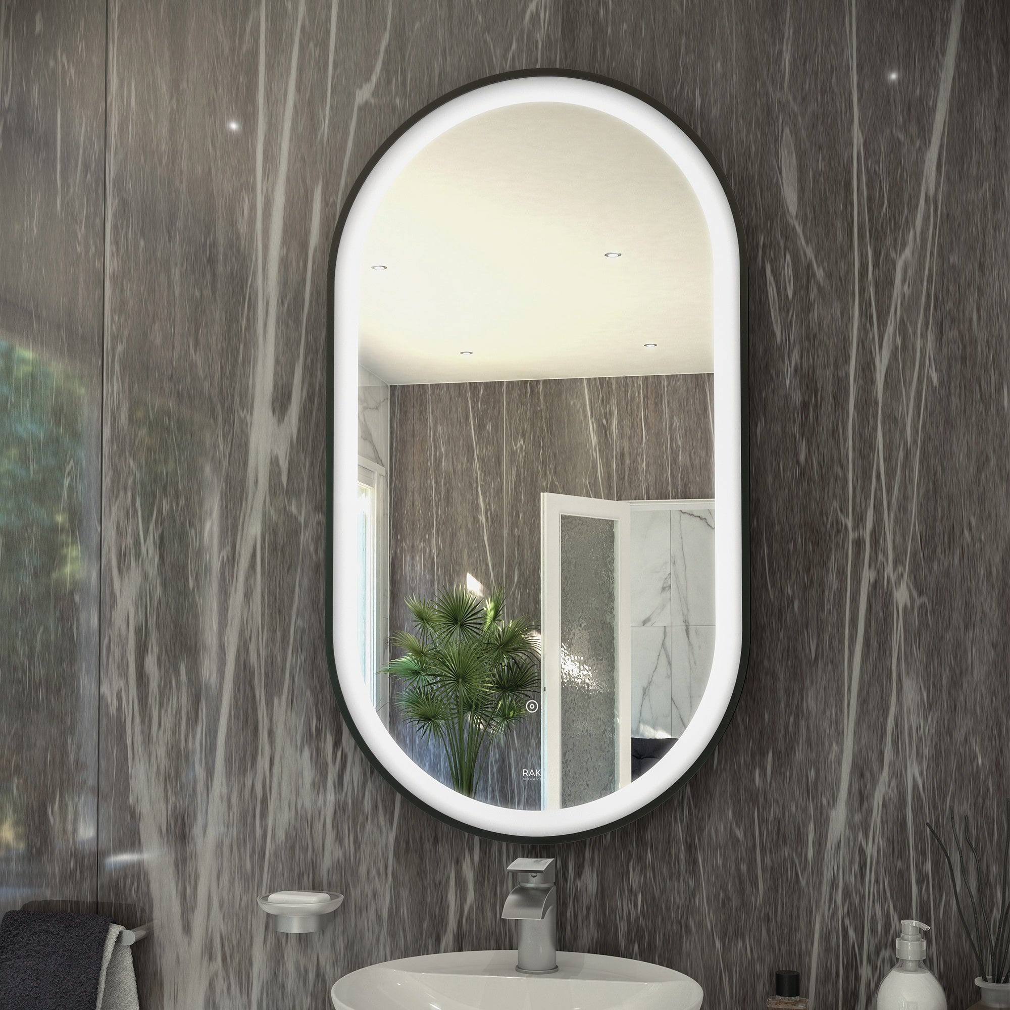 RAK Art Oval Matt Black LED Illuminated Bathroom Mirror with Touch Sensor & Demister Pad, 450 x 1000mm