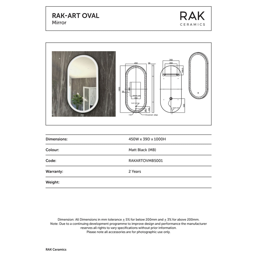 RAK Art Oval Matt Black LED Illuminated Bathroom Mirror with Touch Sensor & Demister Pad, 450 x 1000mm