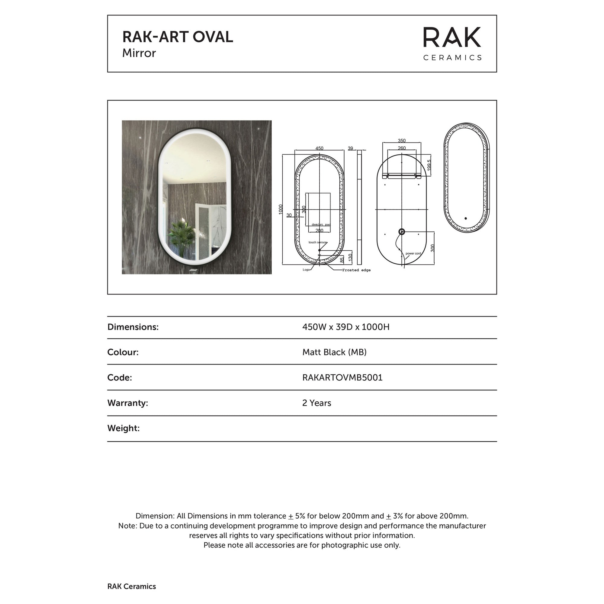 RAK Art Oval Matt Black LED Illuminated Bathroom Mirror with Touch Sensor & Demister Pad, 450 x 1000mm