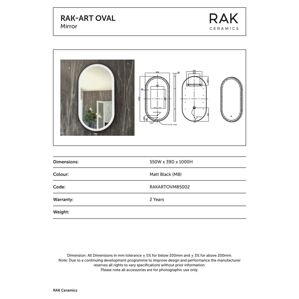 RAK Art Oval Matt Black Illuminated Bathroom Mirror with Touch Sensor, 550x1000mm