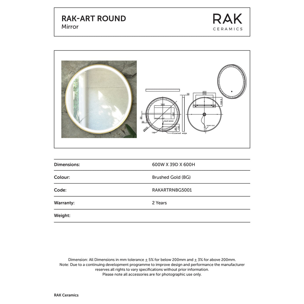 RAK Art Round 600mm Brushed Gold LED Illuminated Bathroom Mirror with Touch Sensor & IP44 Rating