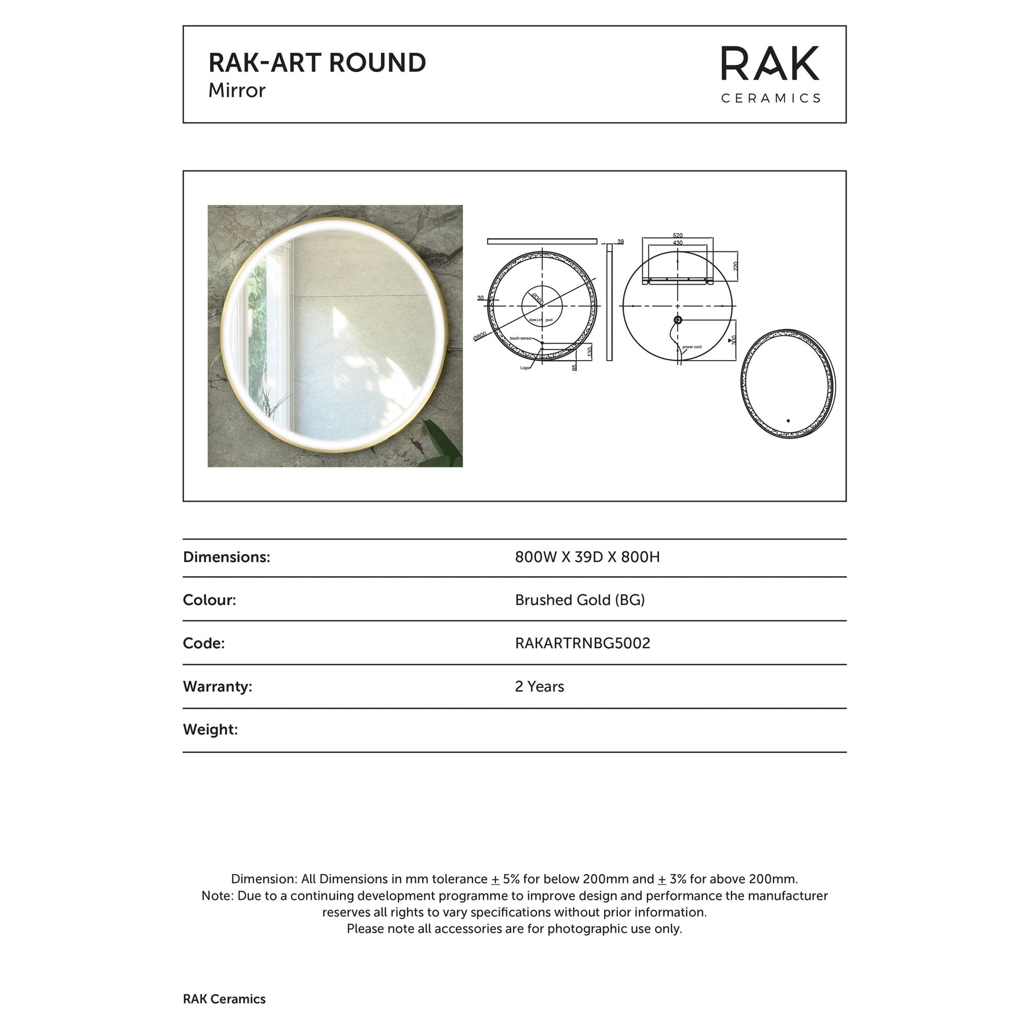 RAK Art Round 800mm Brushed Gold LED Illuminated Bathroom Mirror with Touch Sensor & IP44 Rating