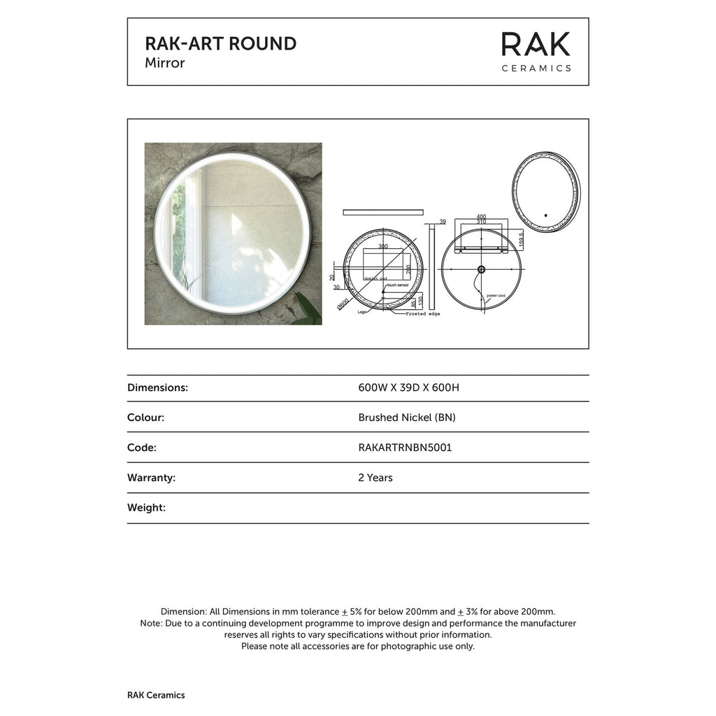 RAK Art Round 600mm Illuminated Bathroom Mirror with Touch Sensor & Demister Pad, Brushed Nickel