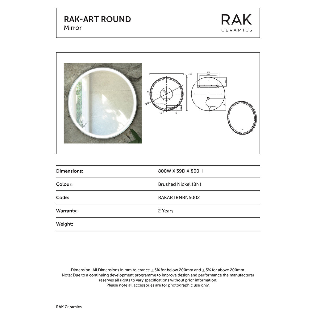 RAK Art Round 800mm Circular Illuminated LED Bathroom Mirror with Touch Sensor & Demister Pad, Brushed Nickel Finish