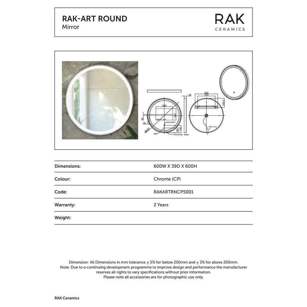 RAK Ceramics Art Round 600mm Chrome LED Illuminated Bathroom Mirror with Touch Sensor & Demister