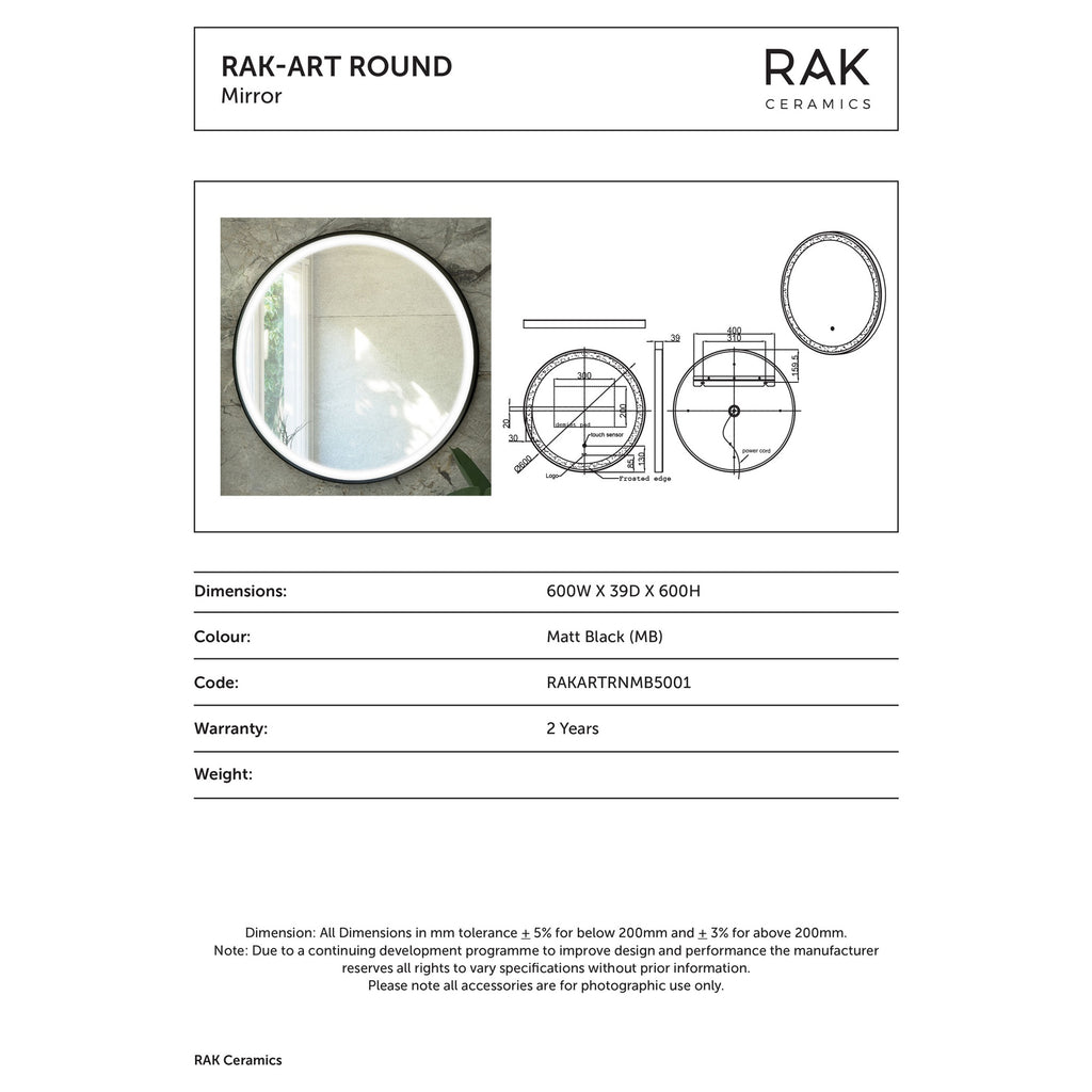 RAK Art Round 600mm Matt Black Round Illuminated Bathroom Mirror with Touch Sensor & Demister Pad, IP44 Rated