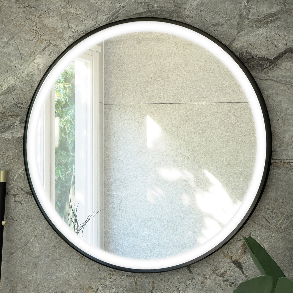 RAK Art Round 800mm Matt Black Illuminated LED Bathroom Mirror with Touch Sensor & Demister Pad, IP44 Rated