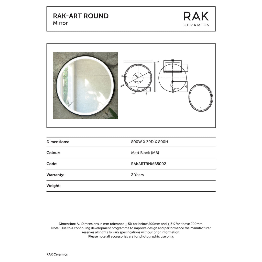 RAK Art Round 800mm Matt Black Illuminated LED Bathroom Mirror with Touch Sensor & Demister Pad, IP44 Rated
