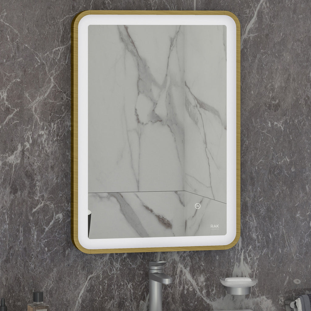 RAK Art Soft 600x800mm Rectangular Brushed Gold Illuminated Bathroom Mirror with Touch Sensor & Demister