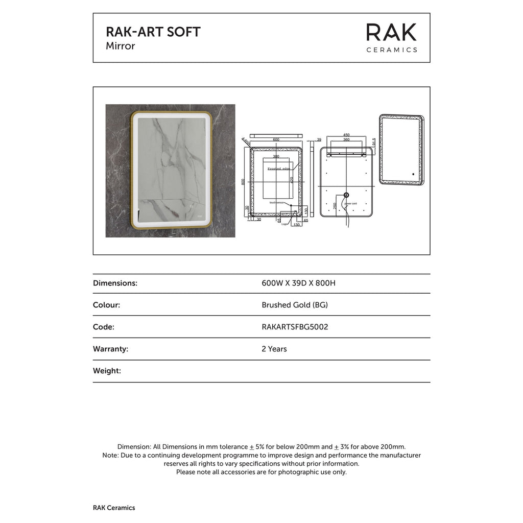 RAK Art Soft 600x800mm Rectangular Brushed Gold Illuminated Bathroom Mirror with Touch Sensor & Demister