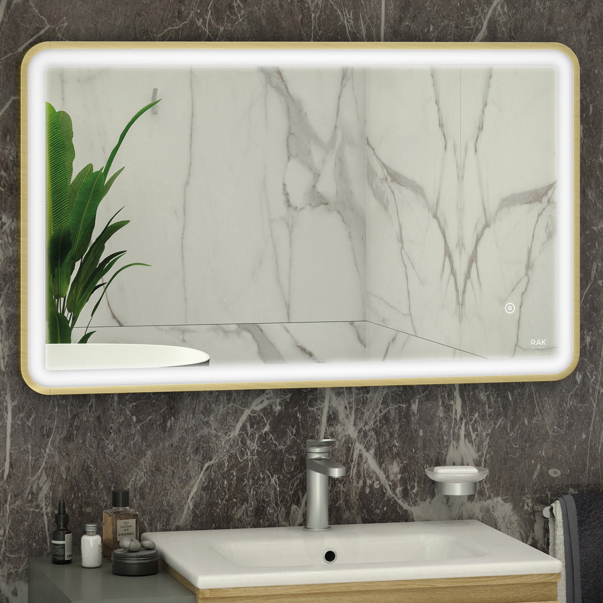 RAK Art Soft 1000x600mm Brushed Gold Rectangular LED Bathroom Mirror with Demister & Touch Sensor