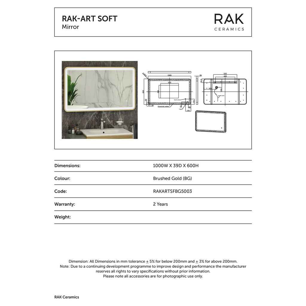 RAK Art Soft 1000x600mm Brushed Gold Rectangular LED Bathroom Mirror with Demister & Touch Sensor
