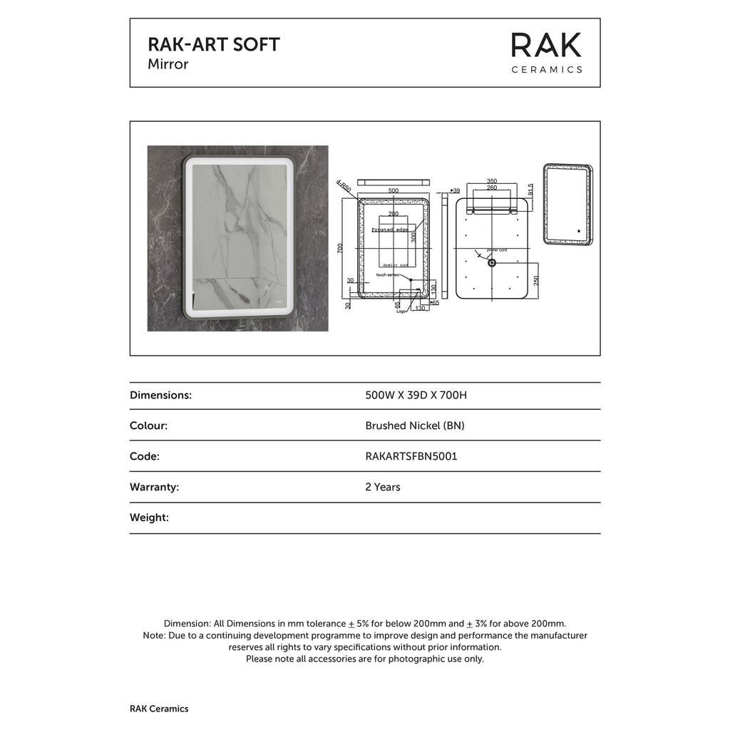 RAK Art Soft 500x700mm LED Illuminated Bathroom Mirror with Touch Sensor & Demister Pad