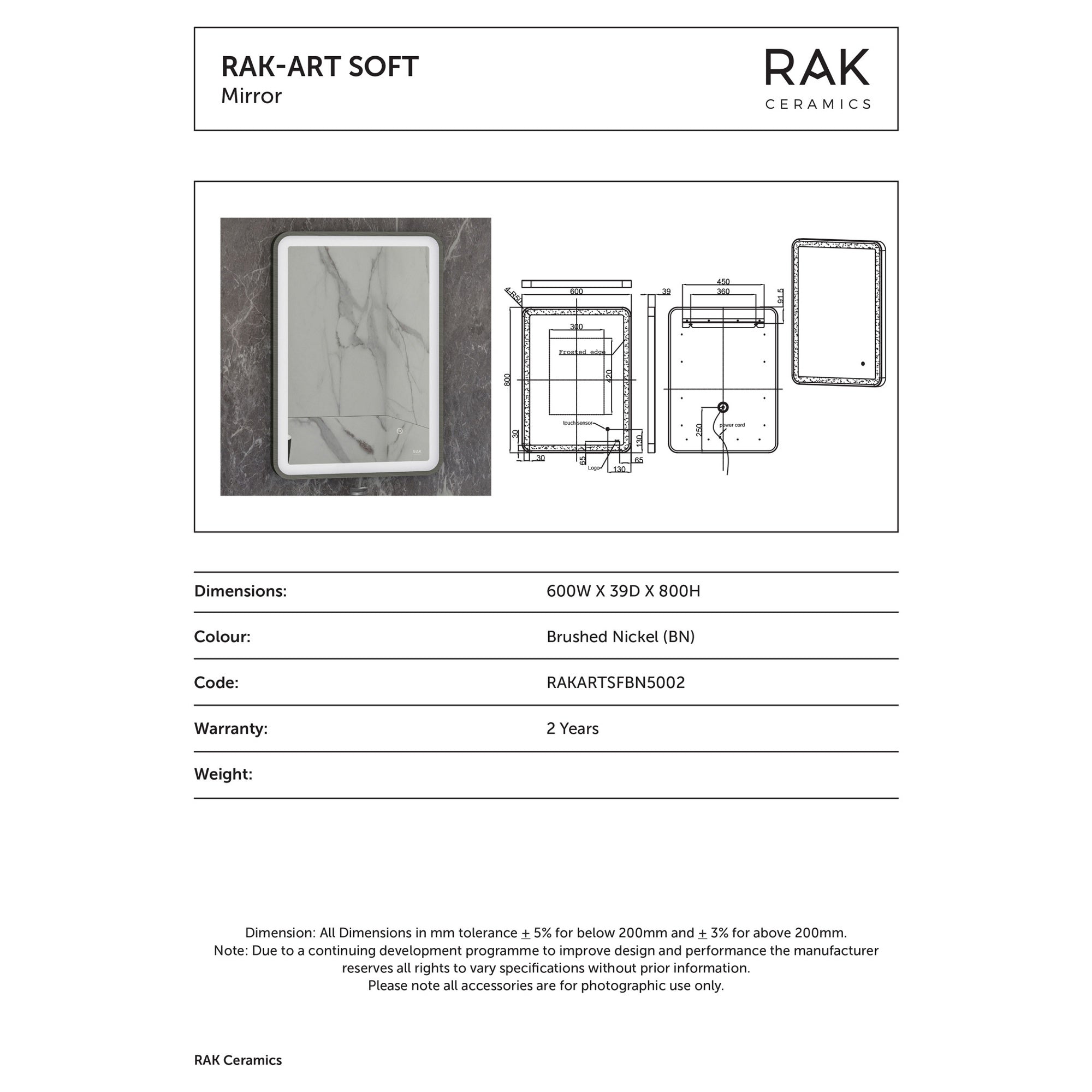 RAK Art Soft 600x800mm Brushed Nickel LED Illuminated Bathroom Mirror with Touch Sensor & Demister Pad, IP44