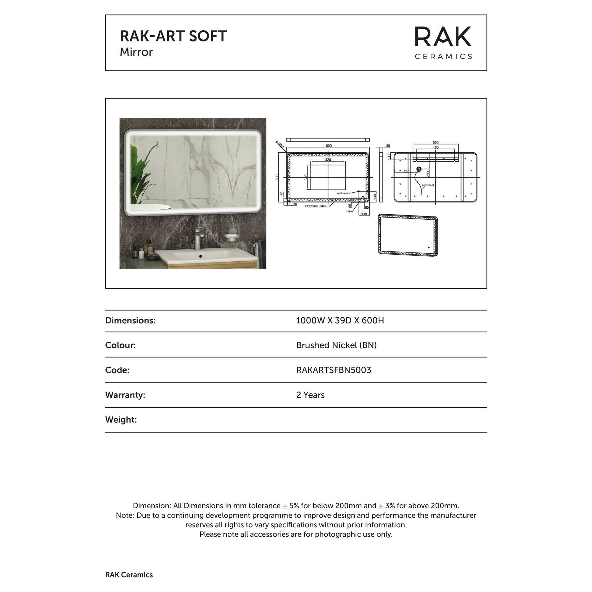 RAK Art Soft 1000x600mm Brushed Nickel Rectangular LED Illuminated Bathroom Mirror with Touch Sensor & Demister Pad