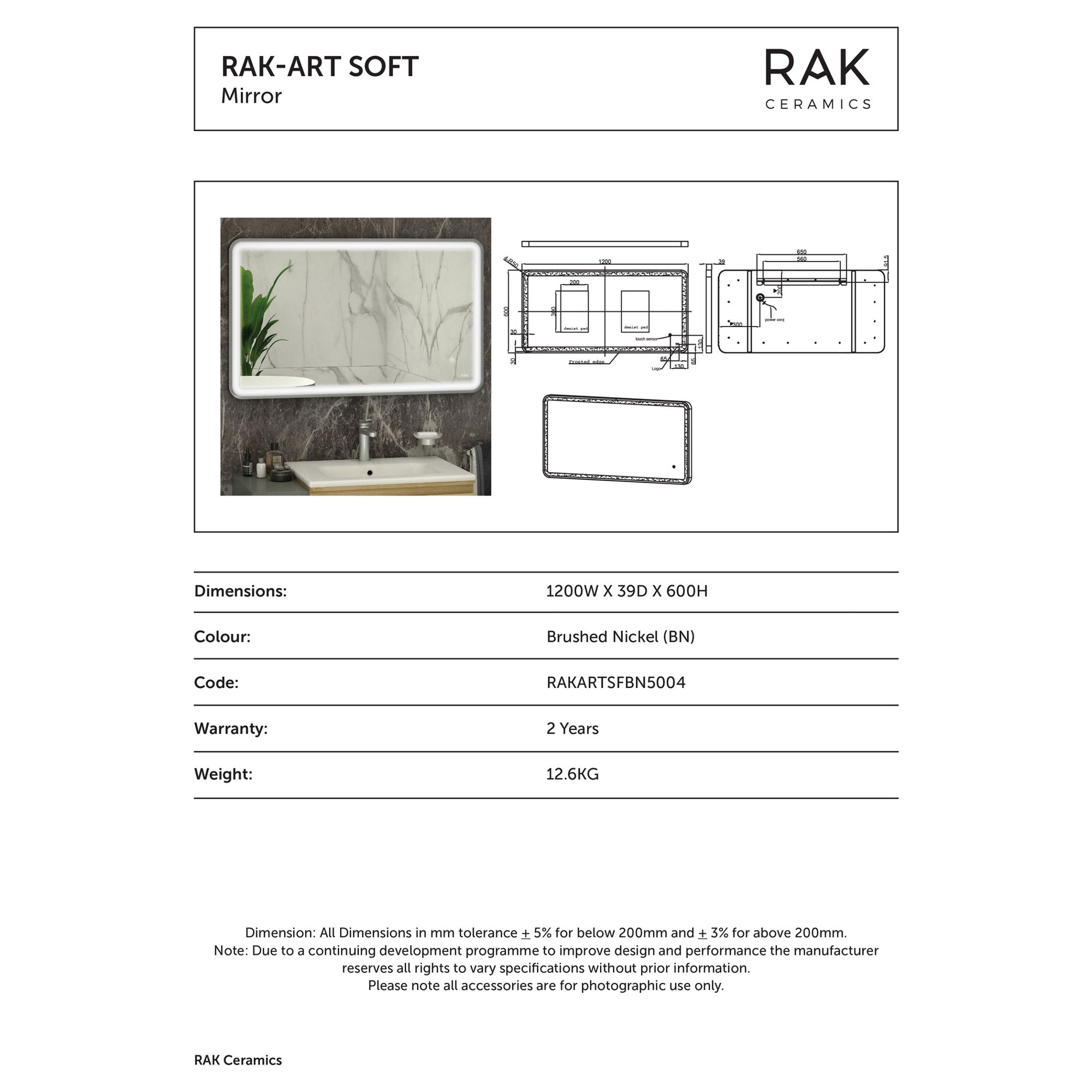 RAK Art Soft 600x1200mm Brushed Nickel LED Illuminated Bathroom Mirror with Touch Sensor & Demister