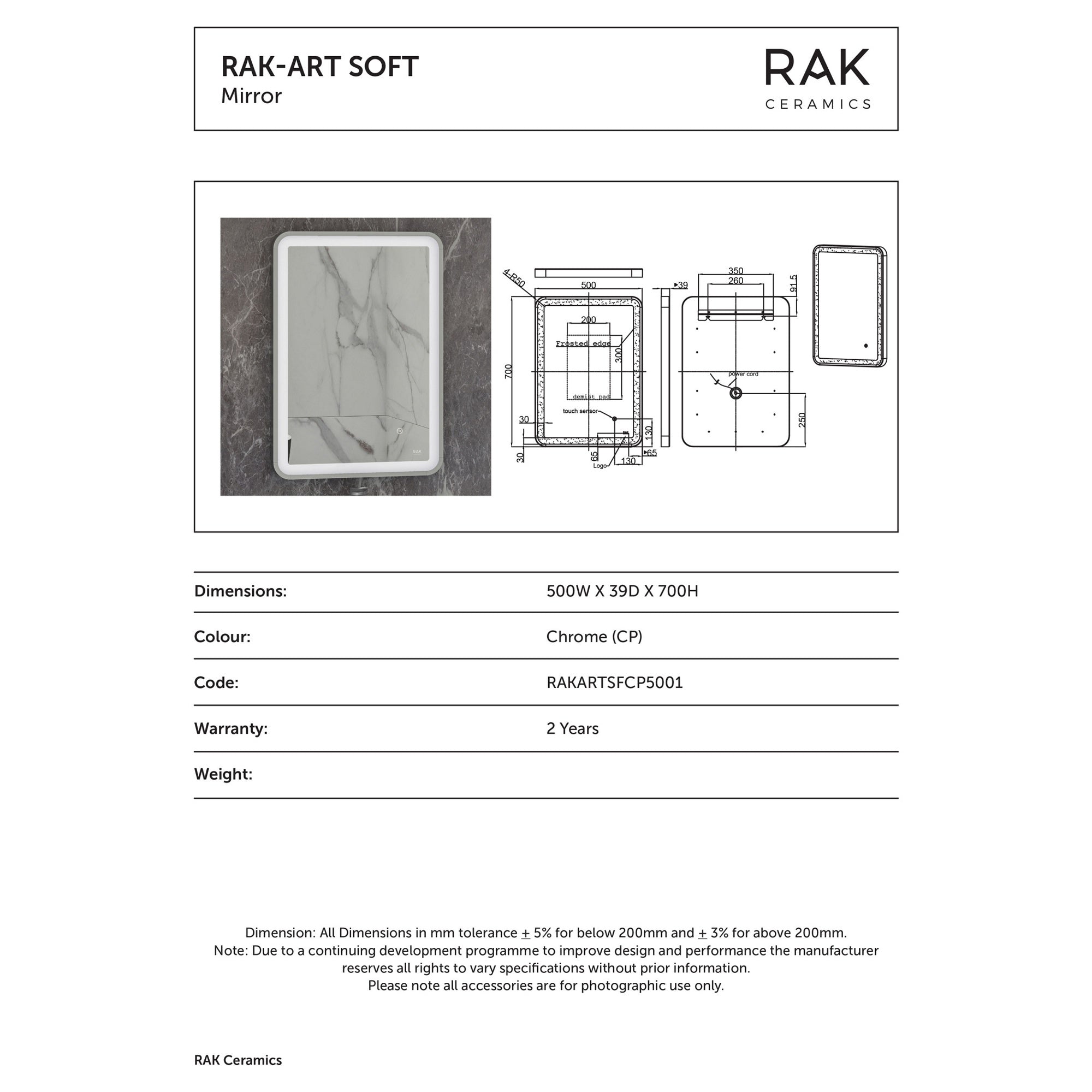 RAK Art Soft 500x700mm Rectangular LED Illuminated Bathroom Mirror with Touch Sensor & Demister, Chrome Effect, IP44