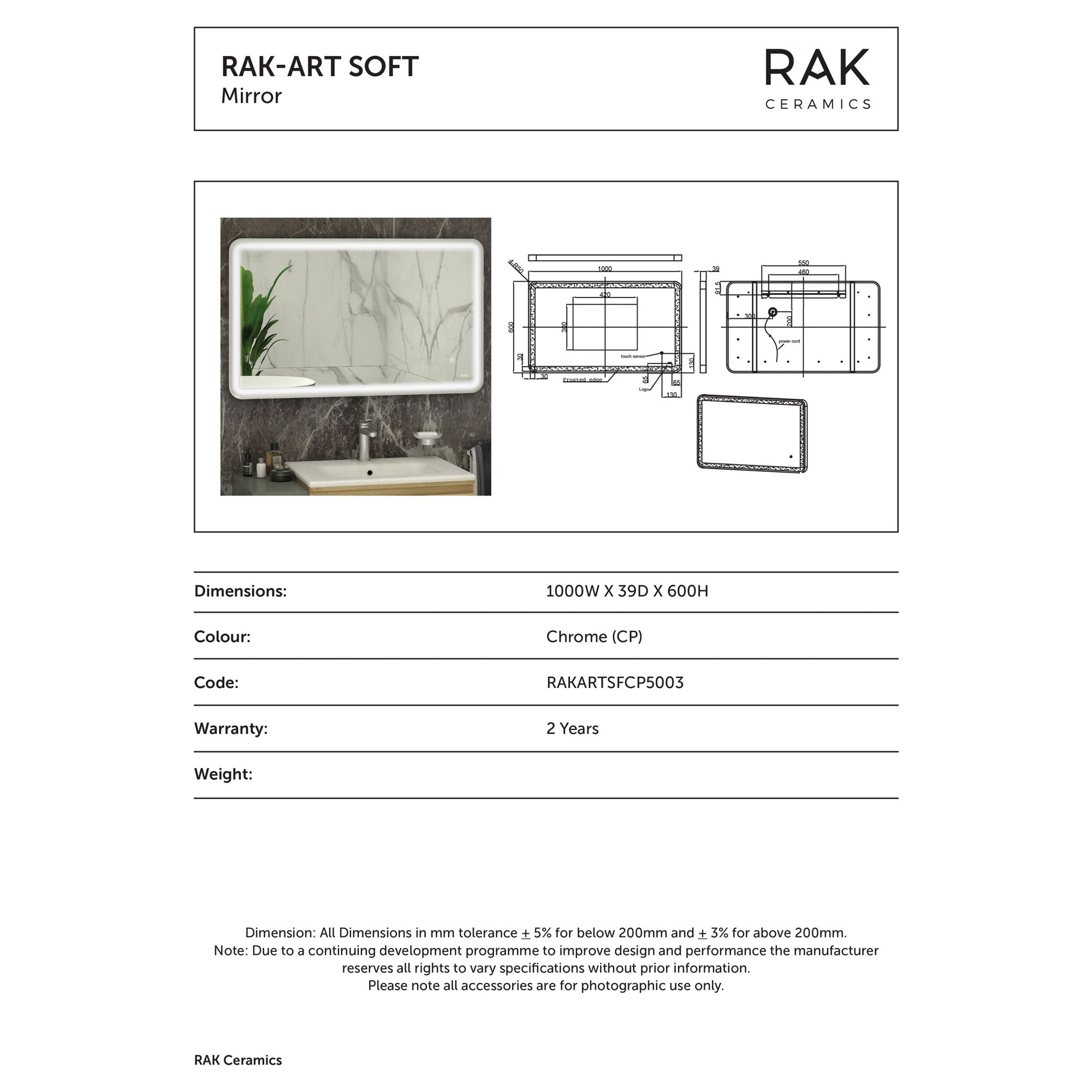 RAK Art Soft 1000x600mm Rectangular LED Illuminated Bathroom Mirror with Touch Sensor & Demister