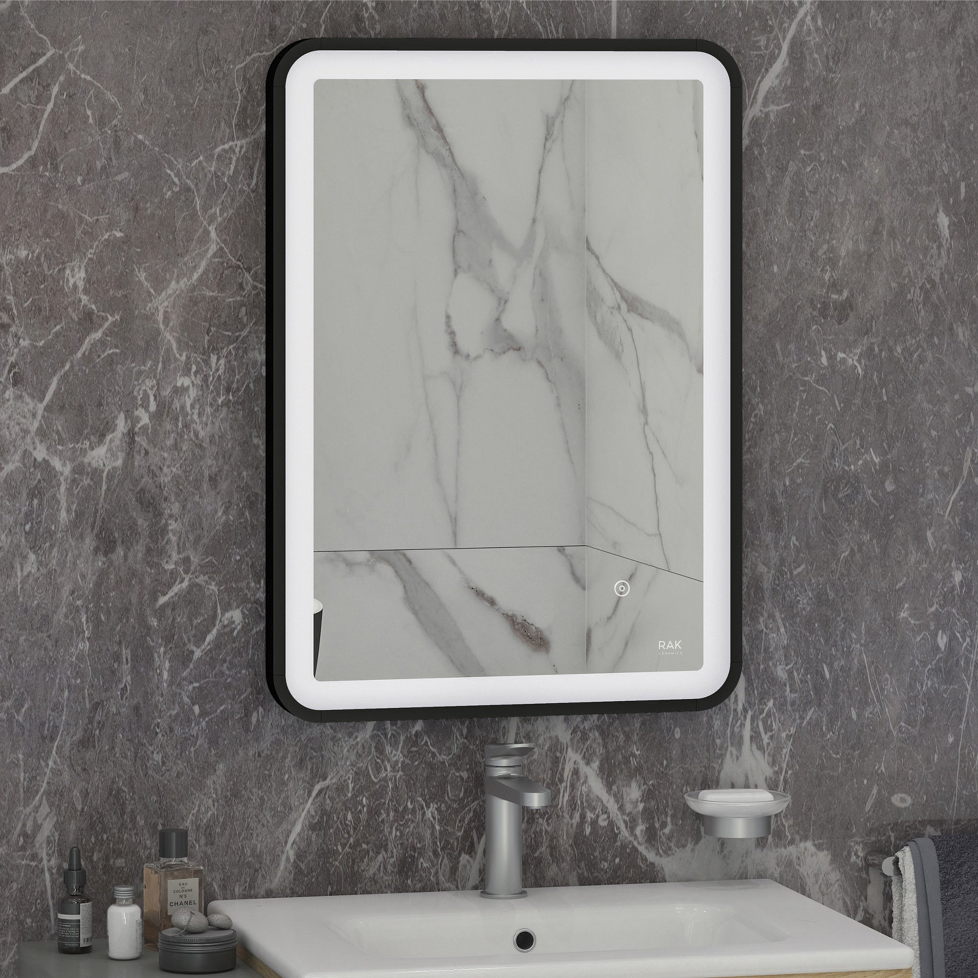 RAK Art Soft Matt Black LED Bathroom Mirror, 500x700mm - Touch Sensor & Demister Pad, IP44 Rated