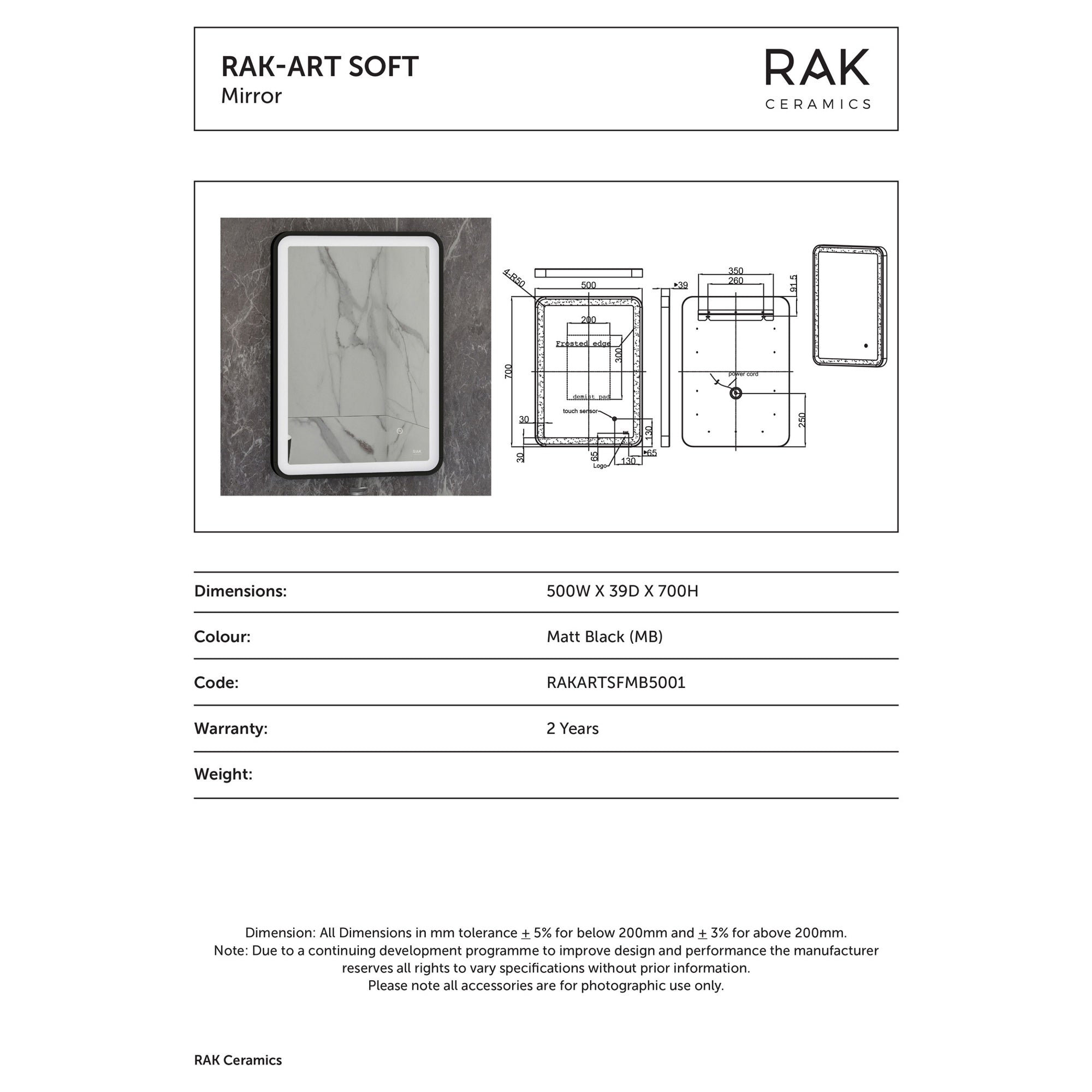 RAK Art Soft Matt Black LED Bathroom Mirror, 500x700mm - Touch Sensor & Demister Pad, IP44 Rated