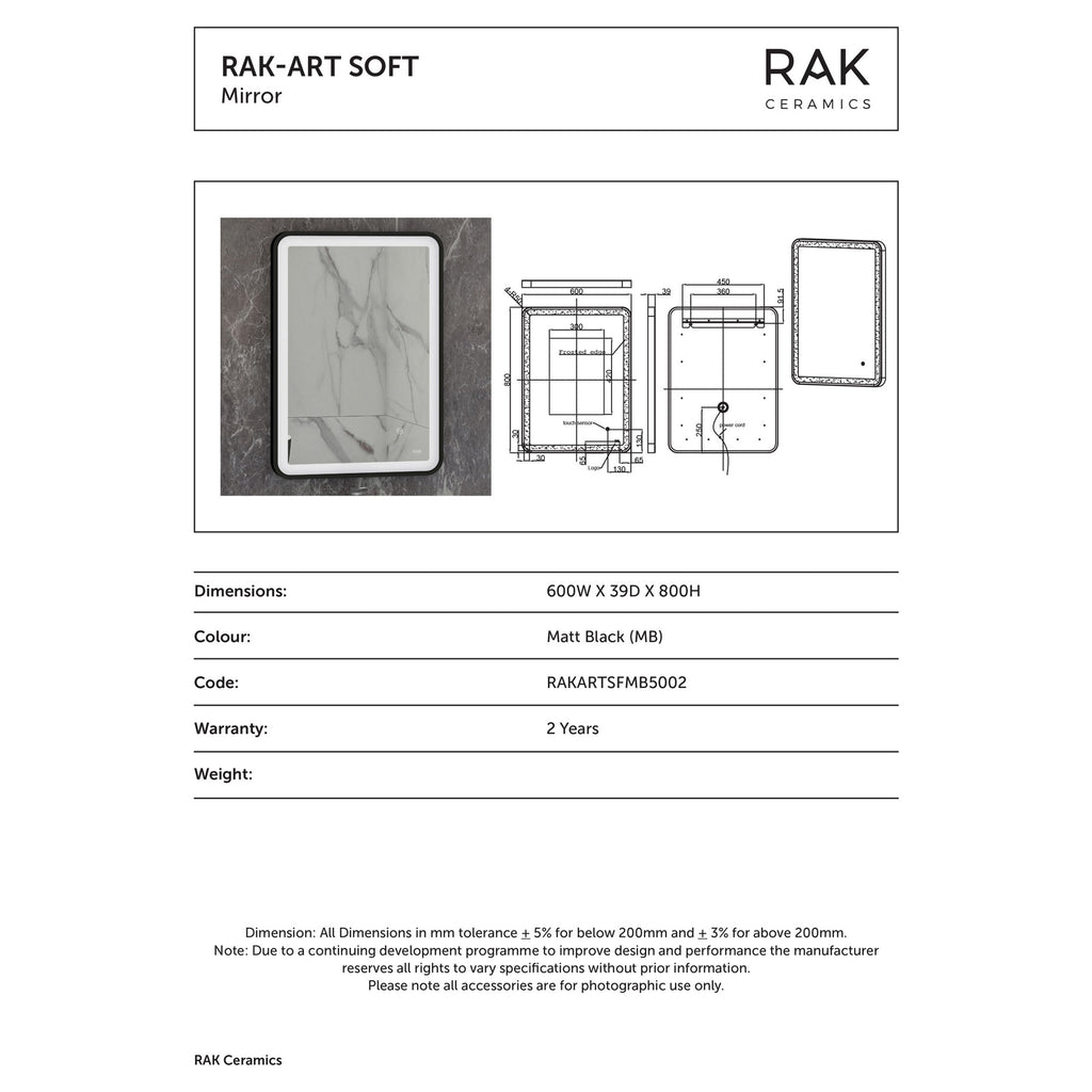 RAK Art Soft 600x800 Matt Black Rectangular Illuminated Bathroom Mirror with Touch Sensor & Demister, IP44
