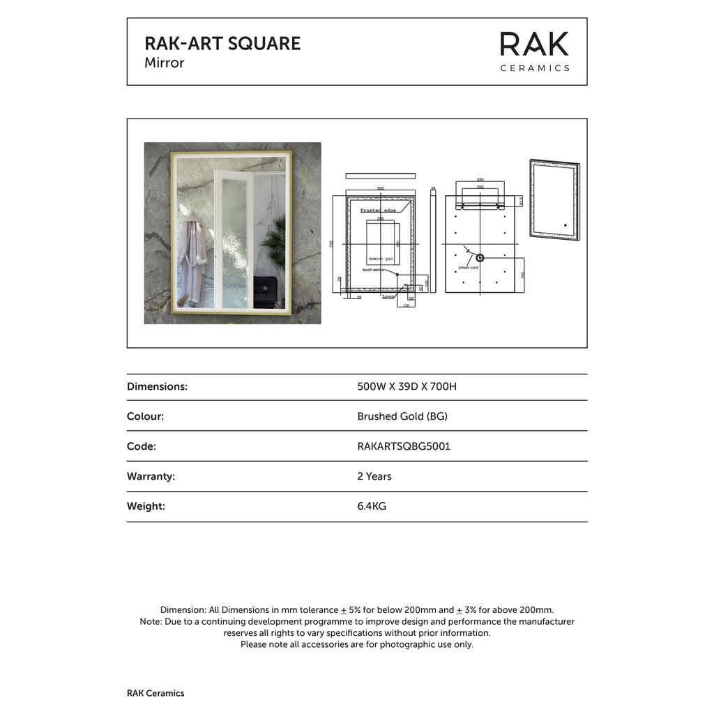 RAK Art Square 500x700mm Brushed Gold Illuminated Bathroom Mirror with Touch Sensor & Demister Pad