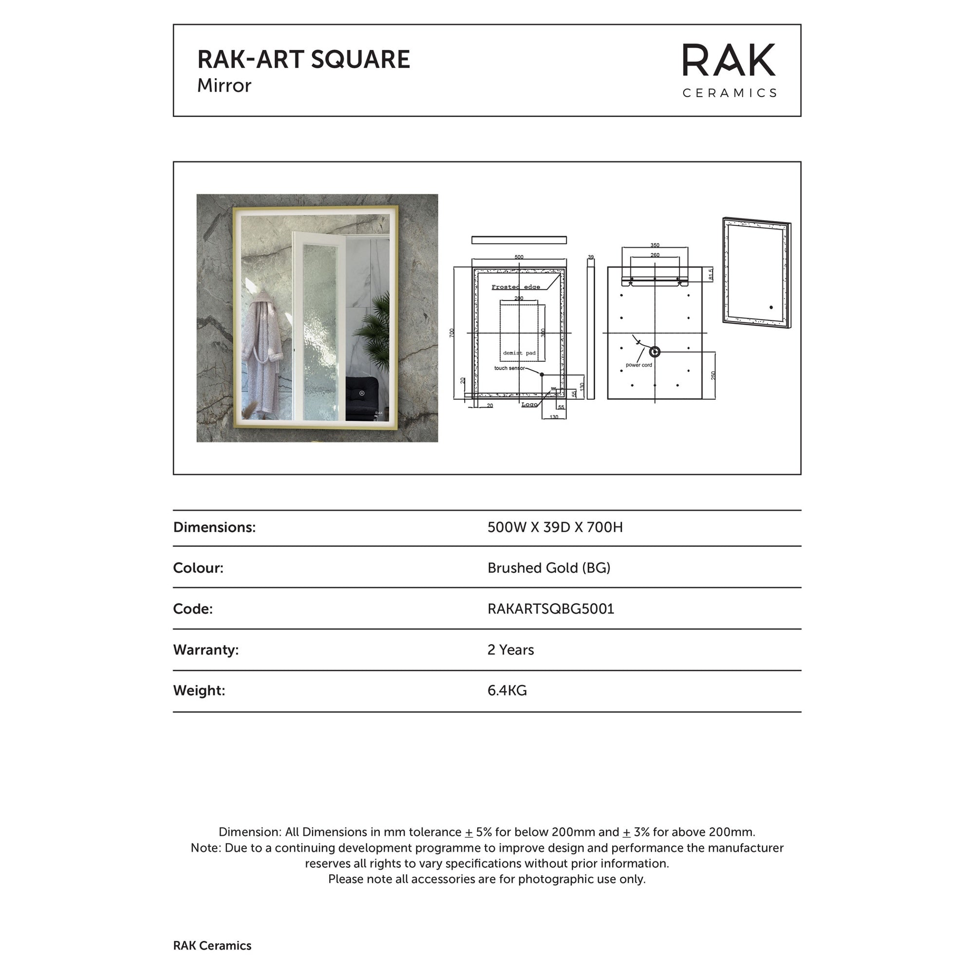 RAK Art Square 500x700mm Brushed Gold Illuminated Bathroom Mirror with Touch Sensor & Demister Pad