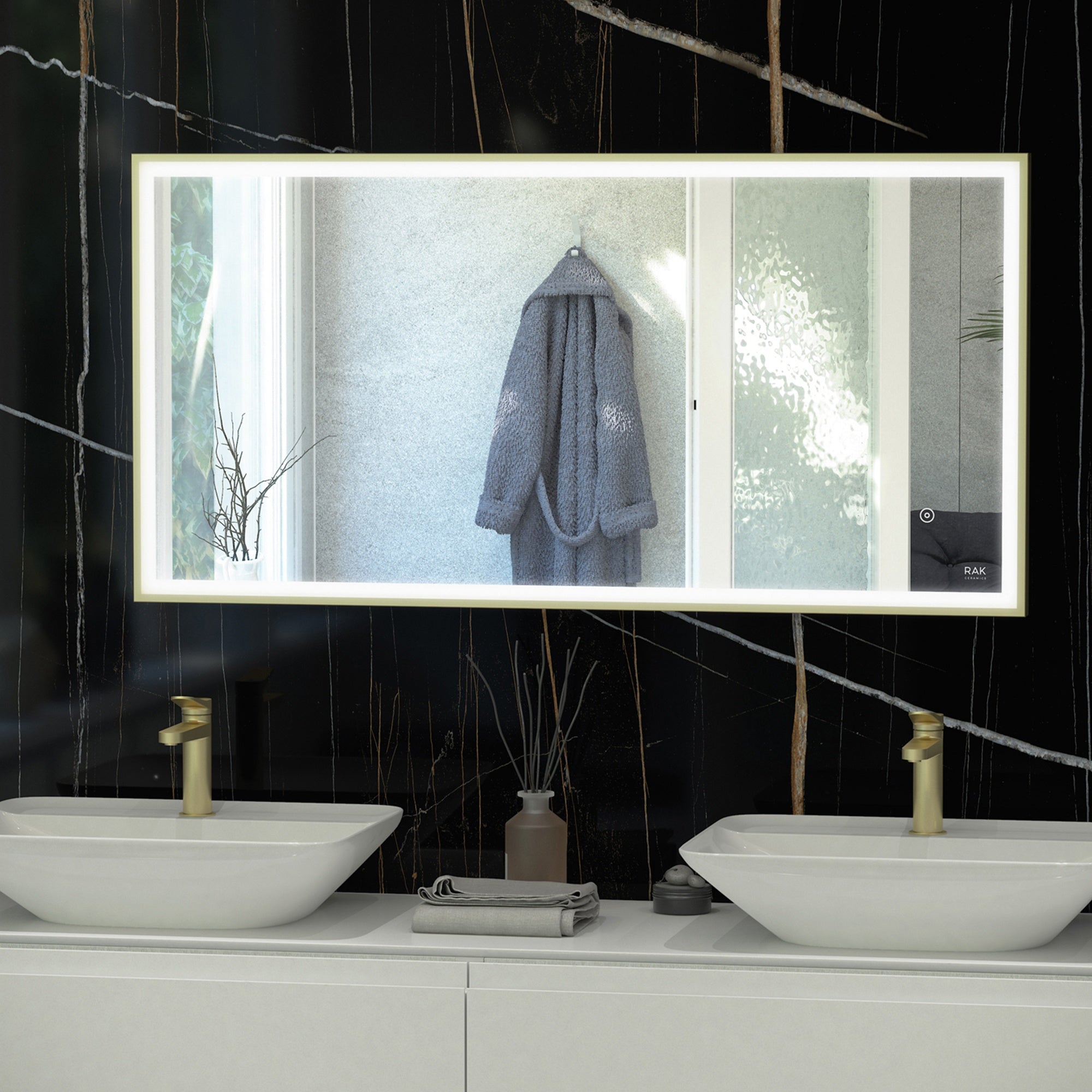 RAK Art Square 1000 x 600mm Rectangular Brushed Gold Illuminated Bathroom Mirror with Demister Pad